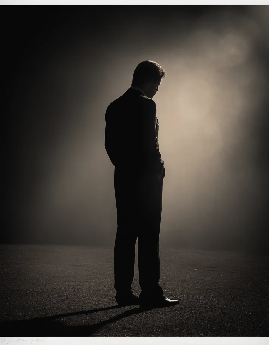 A solitary figure stands with his head bowed, his face hidden from view. The emptiness and loneliness radiating from his posture is palpable, a visual representation of the weight of his thoughts.