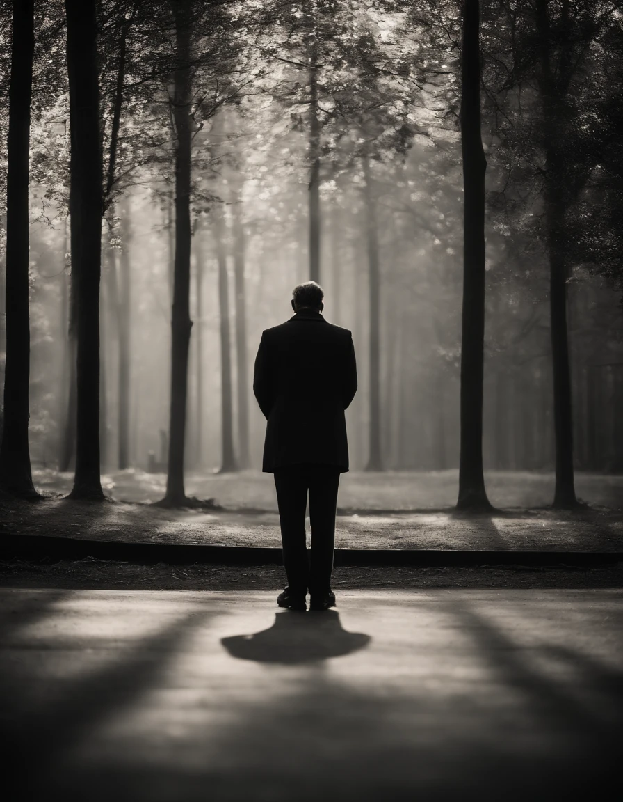 A solitary figure stands with his head bowed, his face hidden from view. The emptiness and loneliness radiating from his posture is palpable, a visual representation of the weight of his thoughts.