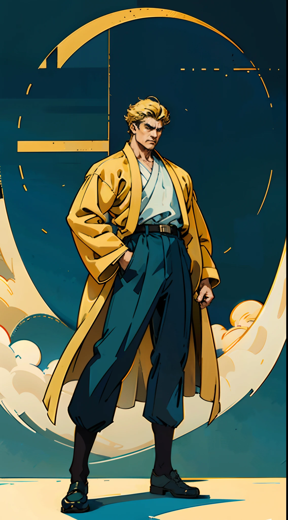 A man with short golden hair, hair standing straight up, a long tuft of bangs, thick eyebrows, a melancholic gaze, a square-shaped face, wears a Chinese-style wide-sleeved undershirt, over which he layers an open-front Dao robe, a color scheme of green and blue and yellow and white, he wears plain trousers and coarse cloth shoes, against the backdrop of a star-studded night sky, this character embodies a finely crafted fantasy-style Chinese martial artist character in anime style, characterized by an exquisite and mature manga illustration art style, full body character drawing, high definition, best quality, highres, ultra-detailed, ultra-fine painting, extremely delicate, professional, anatomically correct, symmetrical face, extremely detailed eyes and face, high quality eyes, creativity, RAW photo, UHD, 8k, Natural light, cinematic lighting, masterpiece:1.5