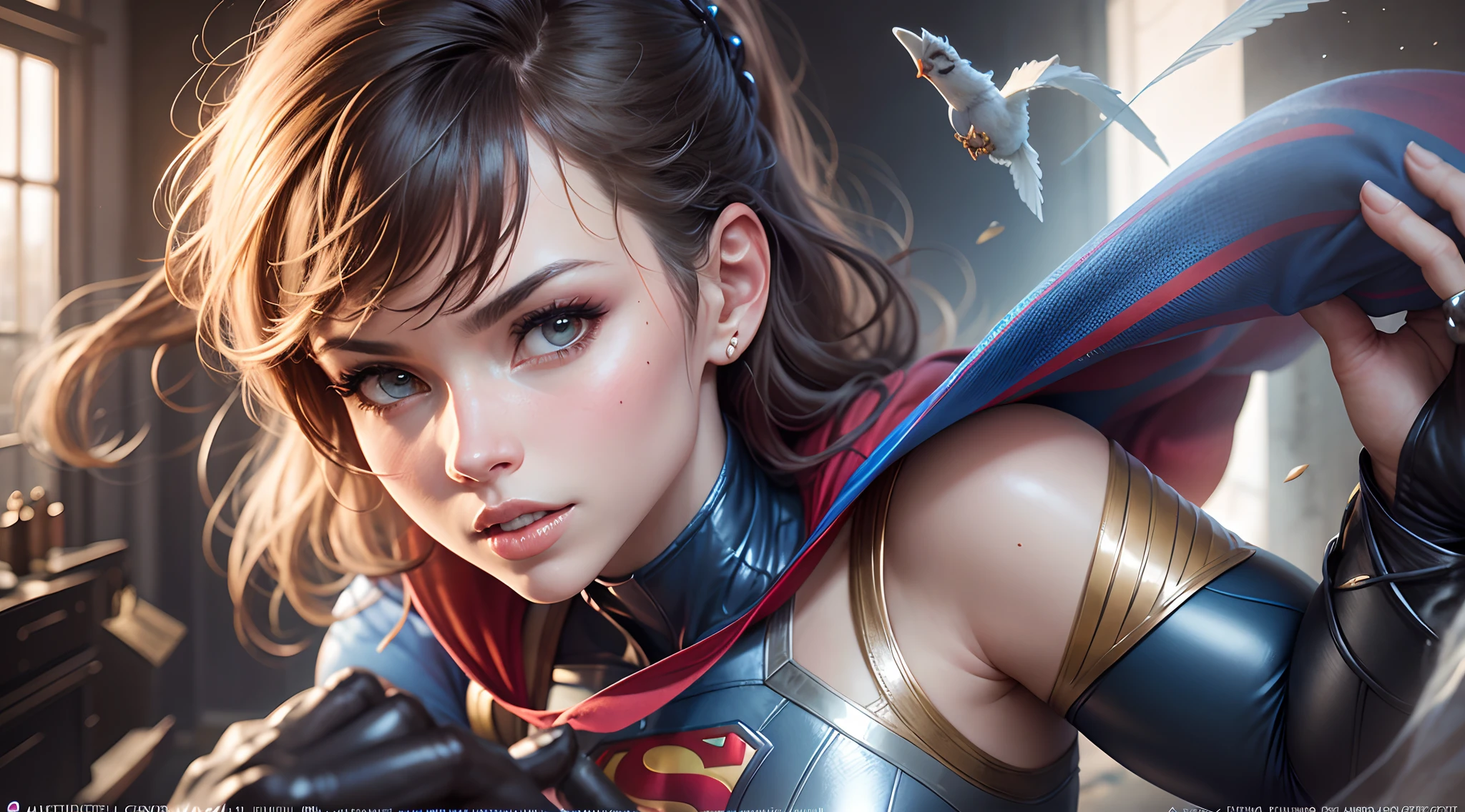 (Dominican: Caribbean:1girl:Supergirl), (extremamente detalhado CG unidade 8k papel de parede),(master part), (best quality), (ultra-detalhado), (best illustration),(melhor sombra), cowboy shot, (Sharp eyeliner, sombra, olhos detalhados:1), Fundo da cidade, ,quebrar , (star15escola:1.2), ornamento de cabelo, Nueva York