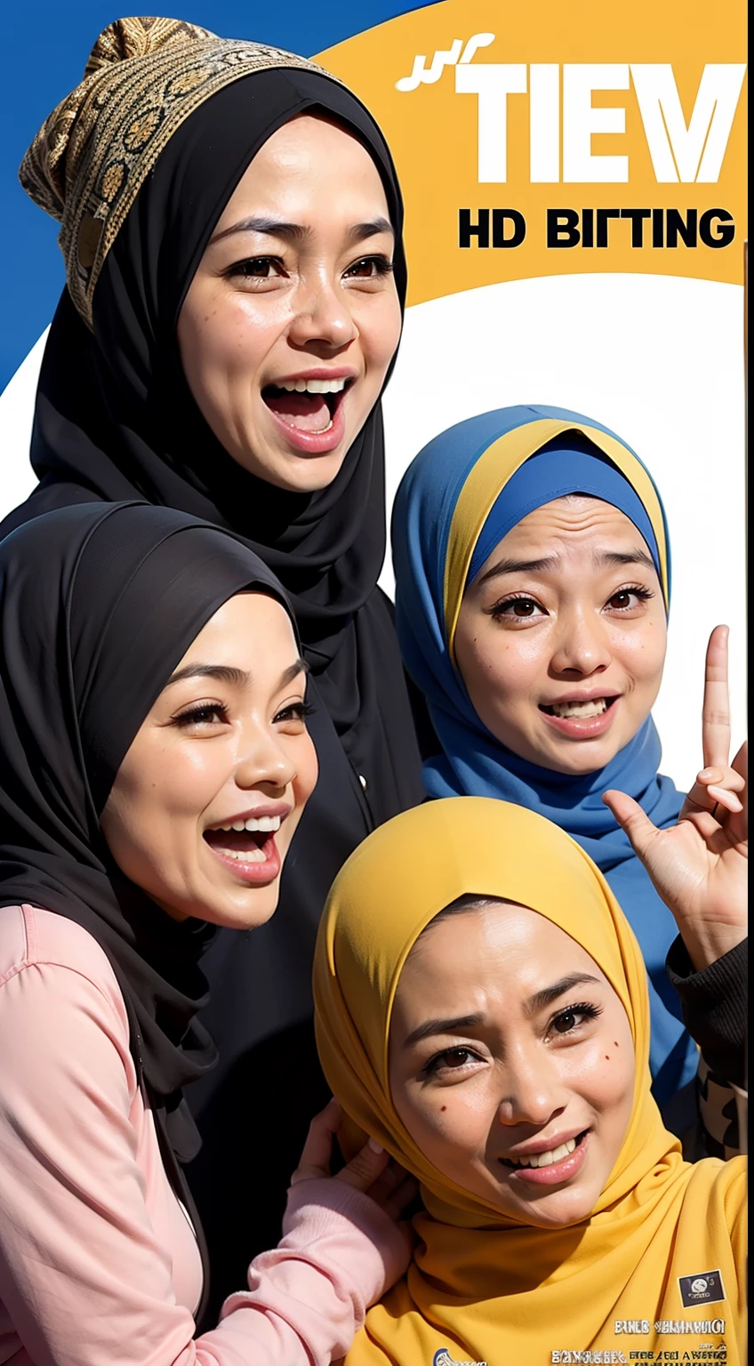 Design a hilarious movie poster featuring the three malay female in hijab as a main characters of our comedy film celebrating birthday. Show them caught in a comical situation, with exaggerated facial expressions and props that reflect their distinct personalities. Add a touch of whimsy and fun to the poster to convey the lighthearted spirit of the movie