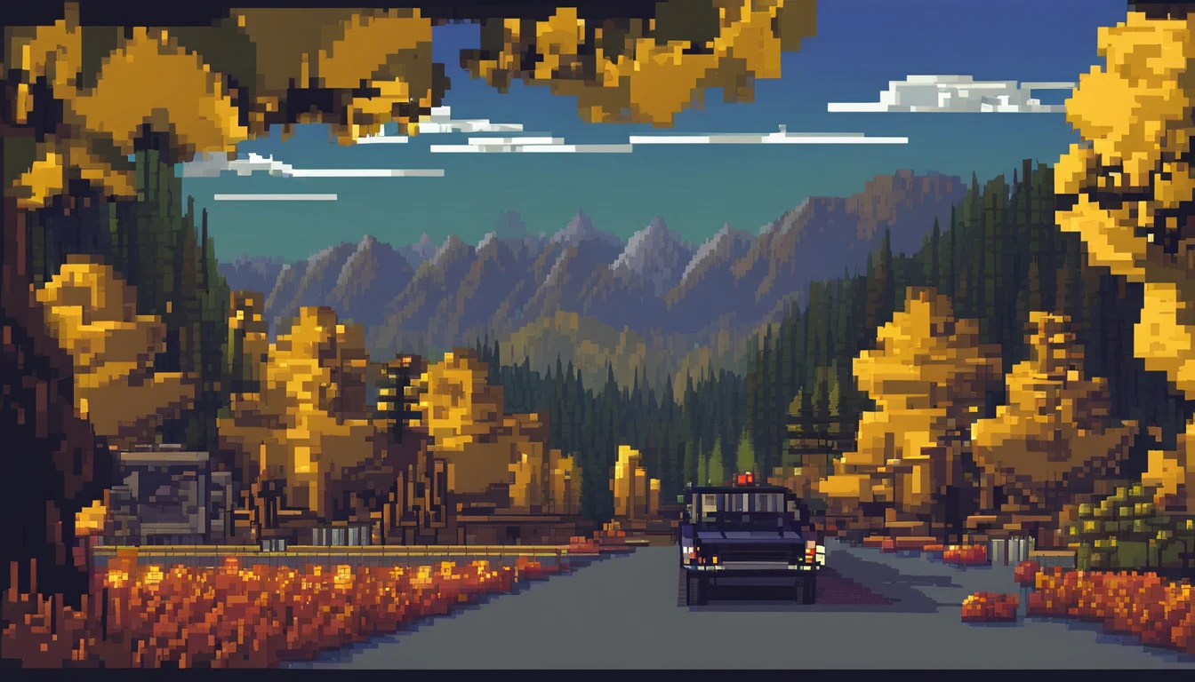 pixel art. It depicts an asphalt road in the mountains, surrounded by bumpers on a dark night with many sharp turns;, illuminated by faded old lanterns, Against the background is a high mountain surrounded by a dense coniferous forest