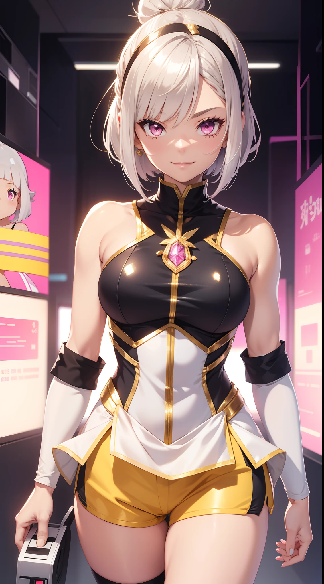 Short hairstyle with silver hair and bob, Hair tied in a bun with a hair clip, Pink eyes, Smile, Yellow tight sleeveless uniform, Tight shorts, diadems, Gold Element, she-ra, masutepiece, hiquality, 4K, hard disk, good detail