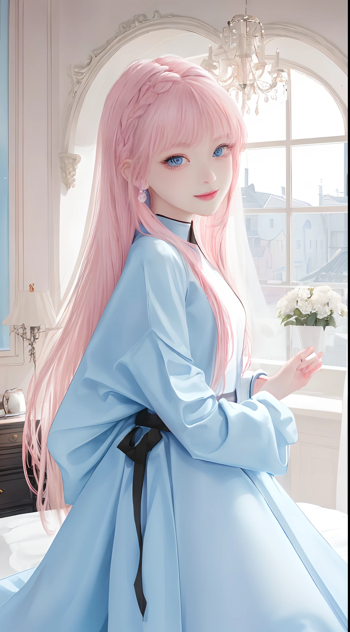 (​masterpiece、top-quality)、1 beutiful girl、A smile、Slim body、(Black and white plain clothes:1.1)、(Detailed beautiful eyes)、Bedroom、in a house、((Pink longhair))、a small face、tall、((Light blue eyes))、kawaii pose