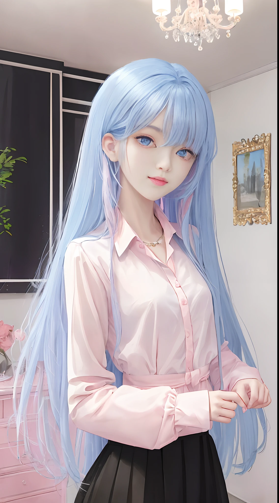 (masterpiece、top-quality)、1 beutiful girl、A smile、Slim body、(Black and white plain clothes:1.1)、(Detailed beautiful eyes)、Bedroom、in a house、((Pink longhair))、a small face、tall、((Light blue eyes))、kawaii pose