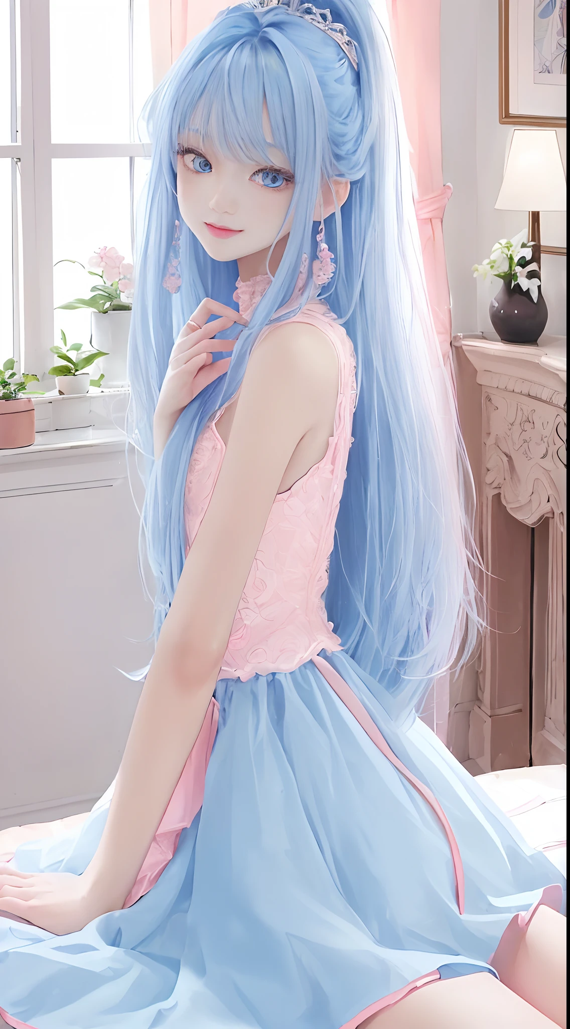 (masterpiece、top-quality)、1 beutiful girl、A smile、Slim body、(Black and white plain clothes:1.1)、(Detailed beautiful eyes)、Bedroom、in a house、((Pink longhair))、a small face、tall、((Light blue eyes))、kawaii pose
