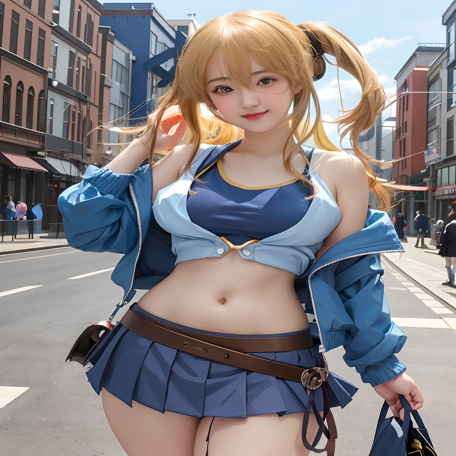 anime girl in a blue jacket and skirt walking down a street, seductive anime girl, attractive anime girl, kantai collection style, small curvy , anime style 4 k, beautiful anime girl, marin kitagawa fanart, extremely detailed artgerm, female anime character, anime girl, detailed digital anime art, high detailed official artwork, 4k anime wallpaper