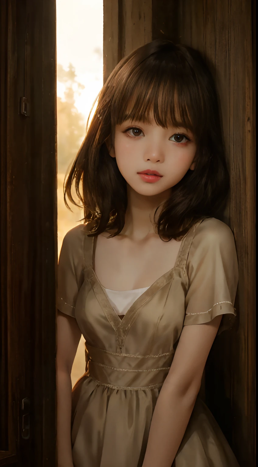 ((14 year old pre-teen girl)), dress, breast to face shot, very light skin, short hair, forest, wooden houses, sunset, photorealistic, indirect lighting, volumetric light, ray tracing, hyperdetailed