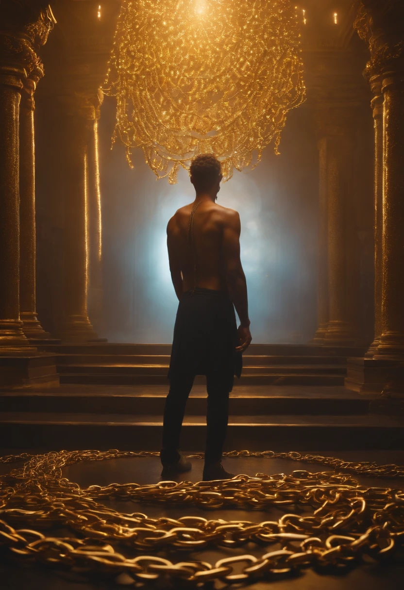 Mystical man in the middle of golden chains in the background, A broken heart, Corpo astral, Etéric atmosphere, Aurico, 8k cinematic lighting