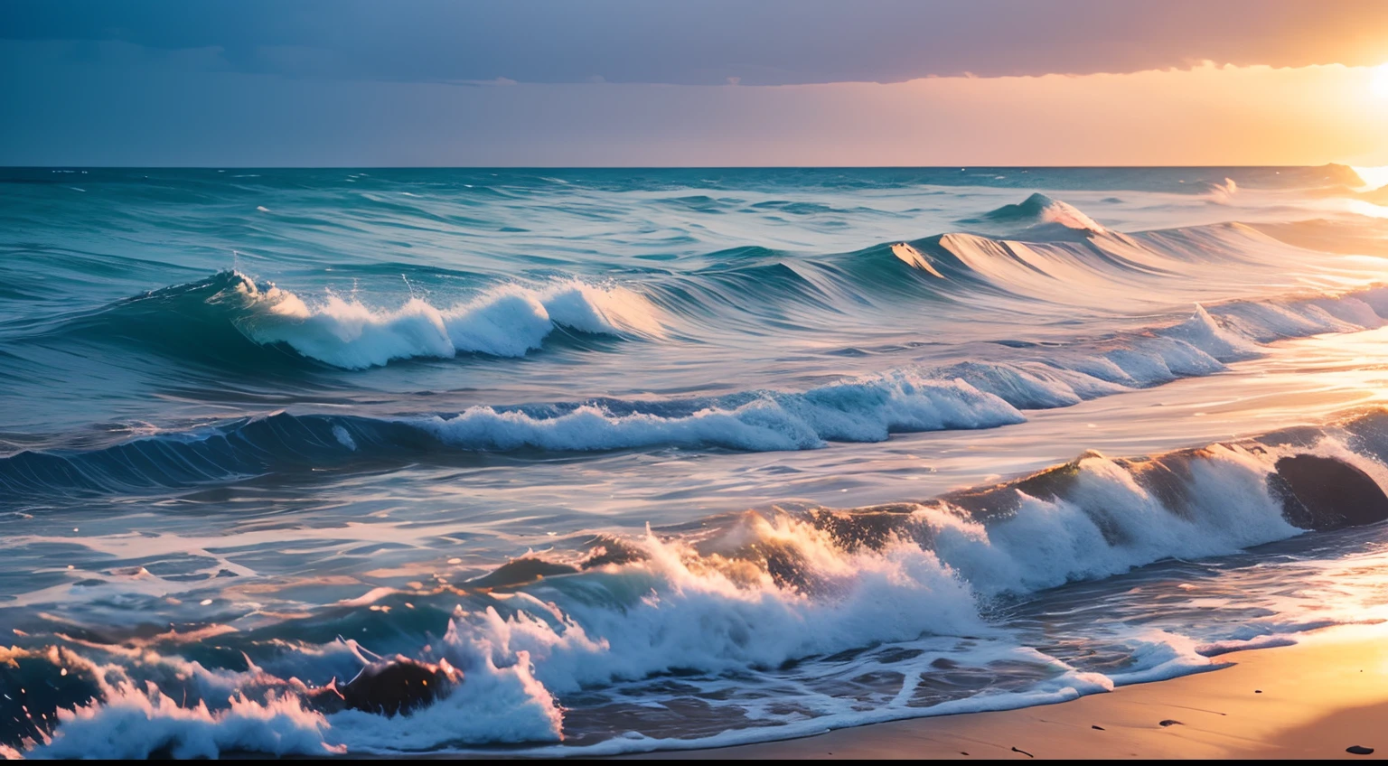 A beautiful wavy sea shore, beautiful sunny lights