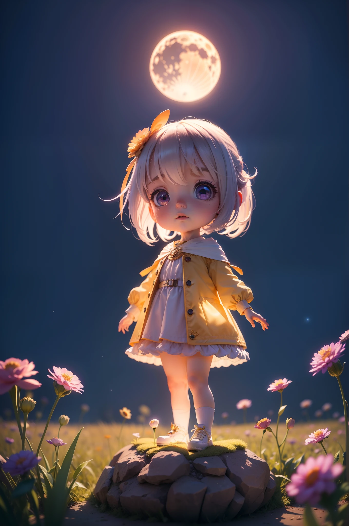 Expansive landscape photograph，（look from down，Above is the sky，Below are open fields），A little girl stood on a flower field and looked up，（moon full：1.2），（meteors：0.9），（Starcloud：1.3），Far Mountain, Tree BREAK making art，（Warm light source：1.2），（glowworm：1.2），lamp lights，Lots of purple and orange，Complicated details，Volumetric lighting BREAK（tmasterpiece：1.2），（best qualtiy），4K，ultra - detailed，（dynamic compositions：1.4），detail-rich，plethora of colors，（Irridescent color：1.2），（with light glowing，Atmospheric lighting），dream magical，magical，（独奏：1.