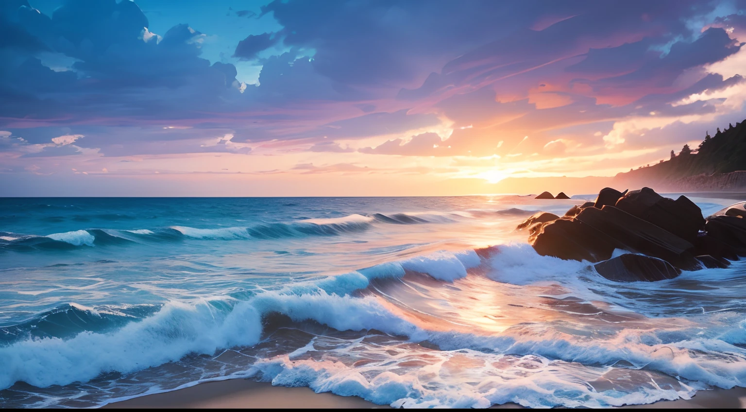 A beautiful wavy sea shore, beautiful sunny lights