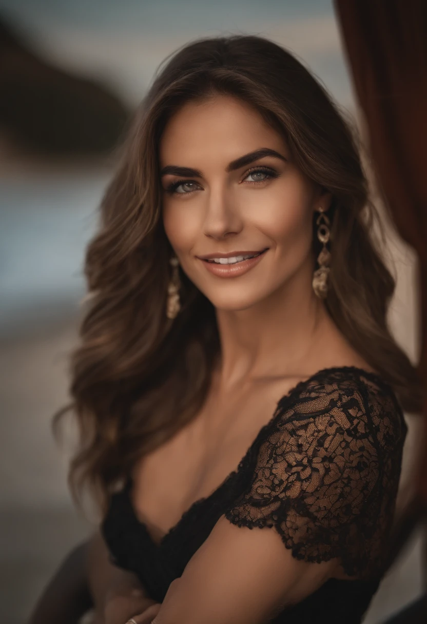 Sanftes Licht im Kino beleuchtet ein atemberaubend detailliertes und ultrarealistisches, beautiful greek supermodel, Strand-Optik, langes, unordentliches, windiges, dunkelblondes Haar, klare blaue Augen, Captivating perfect smile, sinnlich, Hot Wife, splendid, die auf ArtStation im Trend liegt. Octane ist das perfekte Werkzeug, um die weichsten Details dieses Meisterwerks der 16k-Fotografie einzufangen. Sie liegt mit der Vorderseite auf einem Bett und sieht in die Kamera. full entire body. Dessous. Perfekter Po