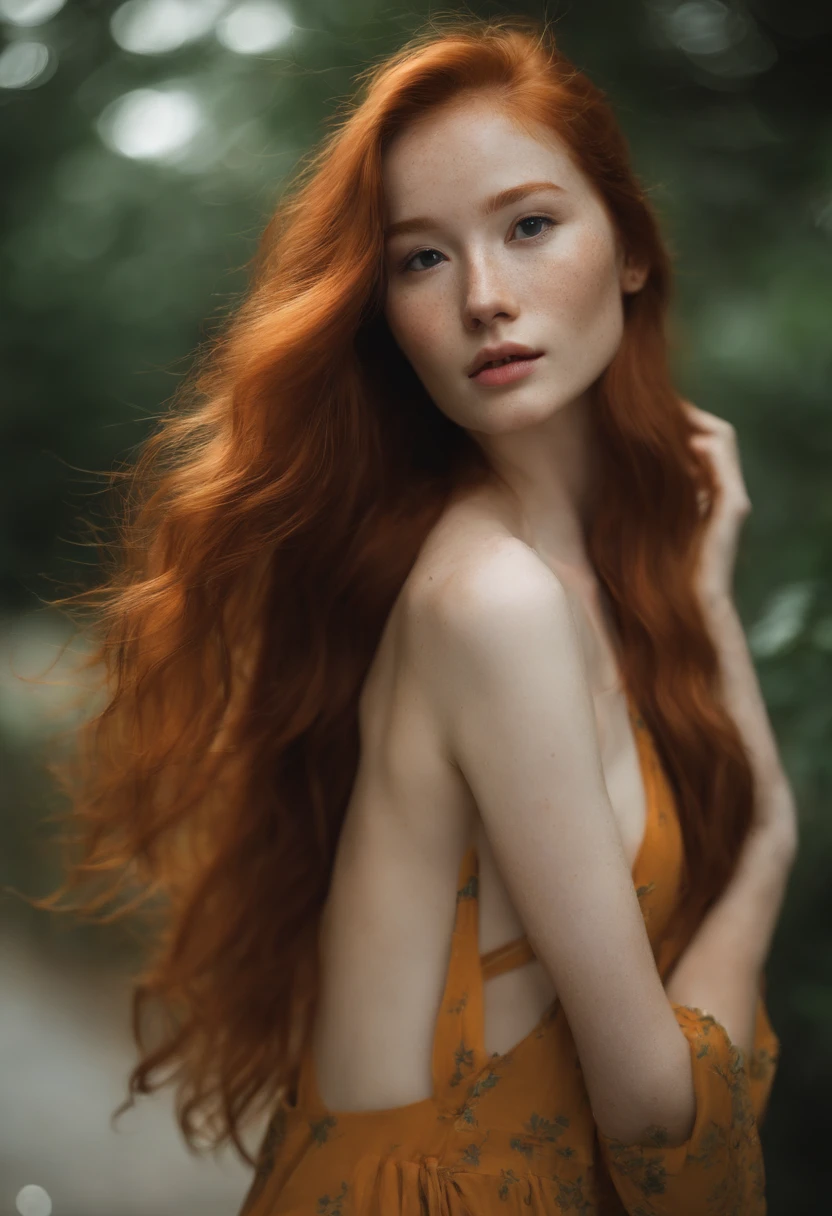 messy long flowing ginger hair, asian redhead ginger girl (18 years old), (freckles, pale skin), defined jawline, smaller head, gorgeous and seductive, wearing sukini (((nude)))