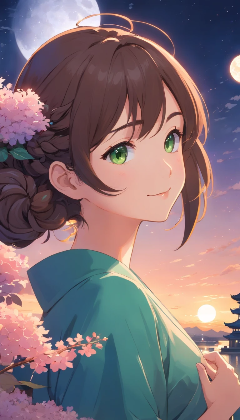 Masterpiece, best, night, full moon, 1 female, mature woman, Chinese style, ancient China, elder sister, royal sister, smile, dark brown hair, dark hair, princess cut, braid, curly hair, double ball head, pale pink Lips, calm, intellectual, medium hair, green pupils, hairpin, hydrangea, delicate face, face close-up, hand close-up