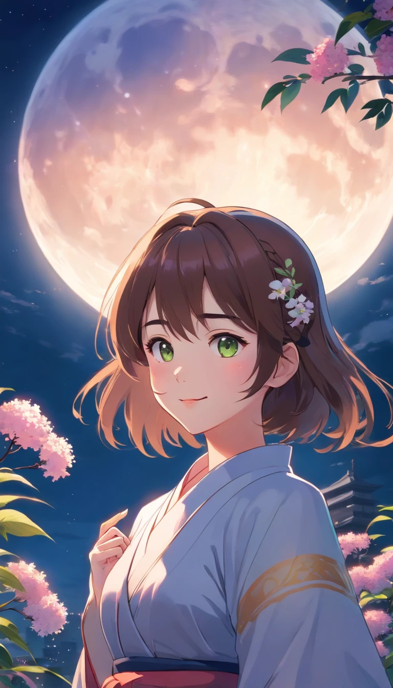 Masterpiece, best, night, full moon, 1 female, mature woman, Chinese style, ancient China, elder sister, royal sister, smile, dark brown hair, dark hair, princess cut, braid, curly hair, double ball head, pale pink Lips, calm, intellectual, medium hair, green pupils, hairpin, hydrangea, delicate face, face close-up, hand close-up