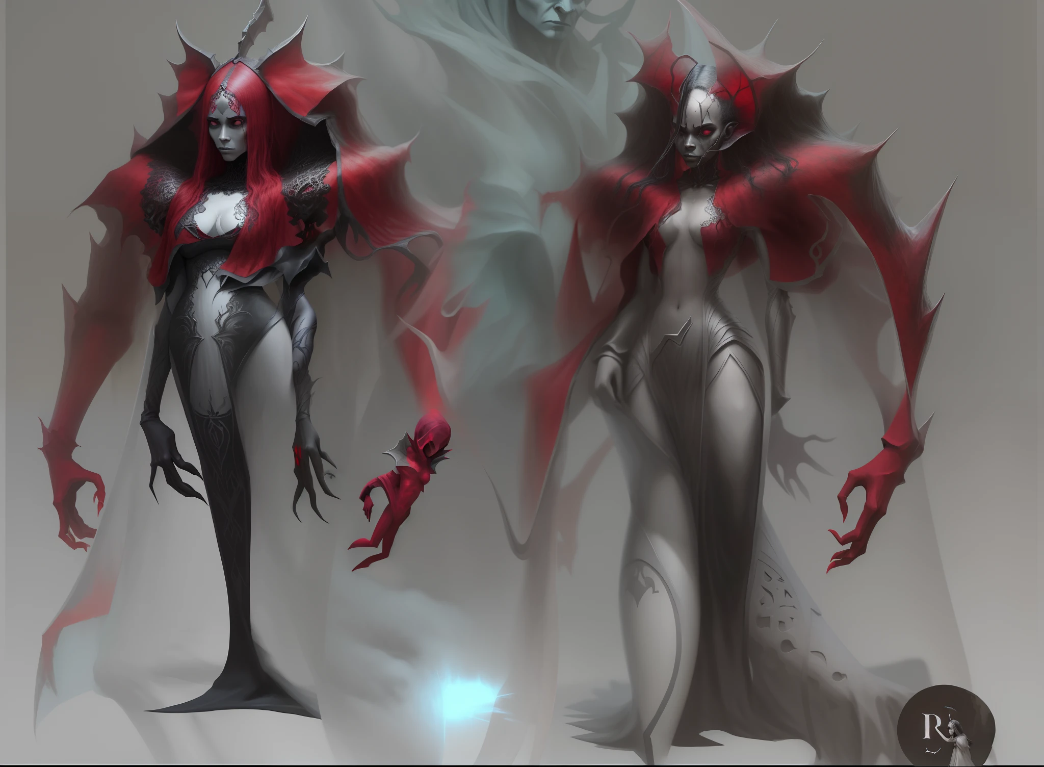 um desenho de uma mulher em um vestido vermelho ao lado de um monstro gigante, arte conceitual demon soul, arte do personagem da criatura conceitual, arte conceitual monstro, personagem posando para arte conceitual, Bloody + arte conceitual, personagem de arte conceitual, concept art design illustration, design de criaturas, conceito artstation, arte conceitual da criatura, demon noble character design, design de personagem monstro, personagem bruxa escura