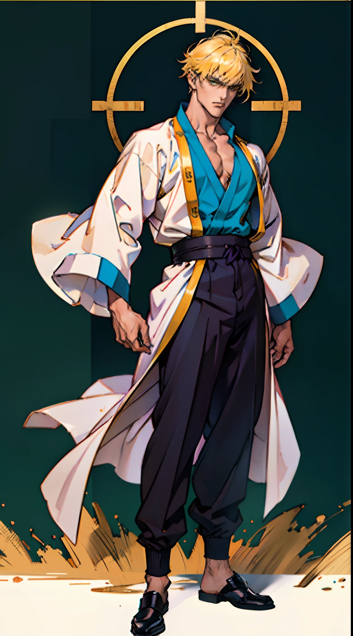 A man with short golden hair, hair standing straight up, a long tuft of bangs, thick eyebrows, a melancholic gaze, a square-shaped face, wears a Chinese-style wide-sleeved undershirt, over which he layers an open-front Dao robe, a color scheme of green and blue and yellow and white, he wears plain trousers and coarse cloth shoes, against the backdrop of a star-studded night sky, this character embodies a finely crafted fantasy-style Chinese martial artist character in anime style, characterized by an exquisite and mature manga illustration art style, full body character drawing, high definition, best quality, highres, ultra-detailed, ultra-fine painting, extremely delicate, professional, anatomically correct, symmetrical face, extremely detailed eyes and face, high quality eyes, creativity, RAW photo, UHD, 8k, Natural light, cinematic lighting, masterpiece:1.5