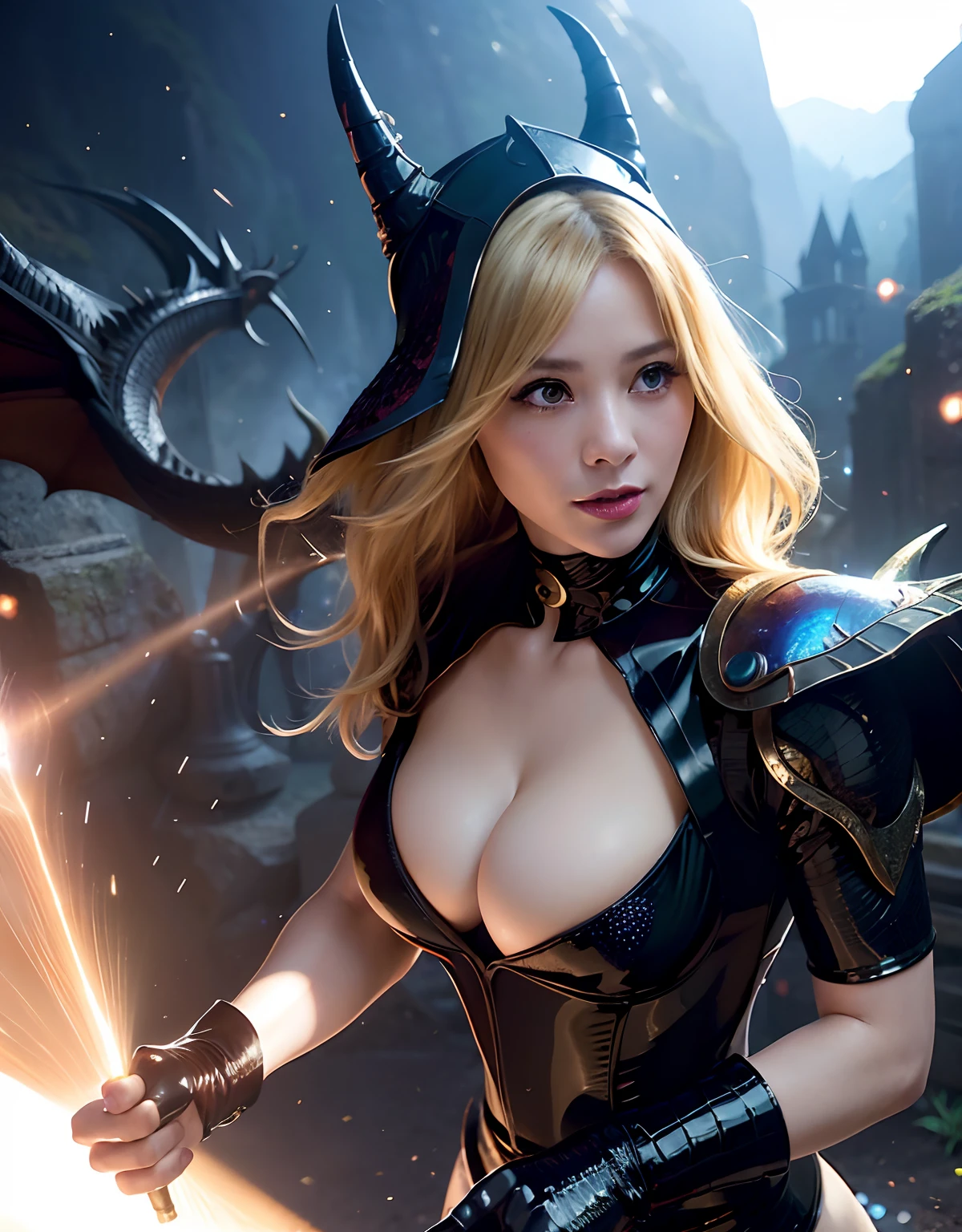 ((World of Darkness)),Professional , ​masterpiece、top-quality、photos realistic , depth of fields 、(((Fight dragons))),（Dragon Black Metal Body:1.9),(latexwhite、（cleavage of the breast）,（Fight dragons）、(((Particles of light))),（Micro  Armor:1.7),Gorgeous gold weapons ,（Fight dragons）、Seductive look、The face of the dragon is out、（blood splattere、Armpit、（(((With a magic wand))), ） , (((Wearing a black latex wizard hat))),（demonic wings）   ,（（a blond））、（Castle background）、（（Gangle's forest background））、Beautiful Caucasian beauty、１a person、Armpit、dynamic ungle,(((Detailed Dragon Wizard Hat)))、Smaller head、A smile、Castle background、Thin and beautiful female hands、cleavage of the breast、Soldier in iron armor on background、Mystical expression、Light Effects、intense fighting、Wind-effect、magic circles、With the legendary magic wand、Dragon's tail、explosions、Toostock、Toostock、(Beautuful Women),