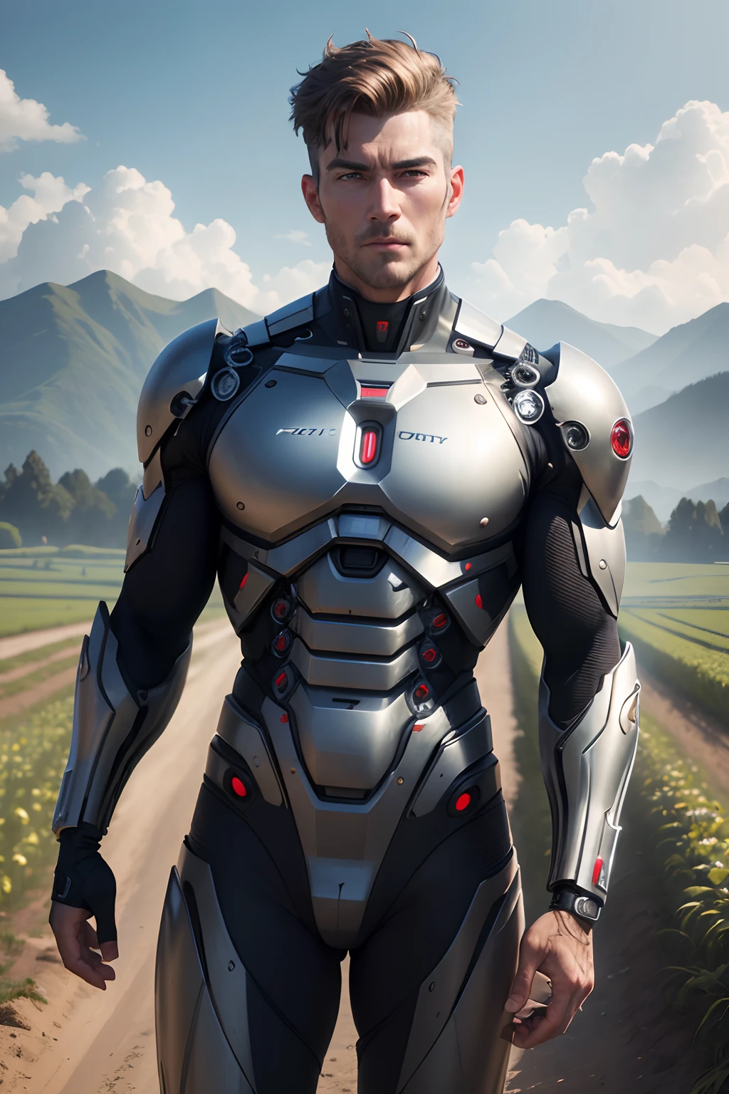 (best quality,4k,8k,highres,masterpiece:1.2),ultra-detailed,(realistic,photorealistic,photo-realistic:1.37), cyborg man standing in a farmland