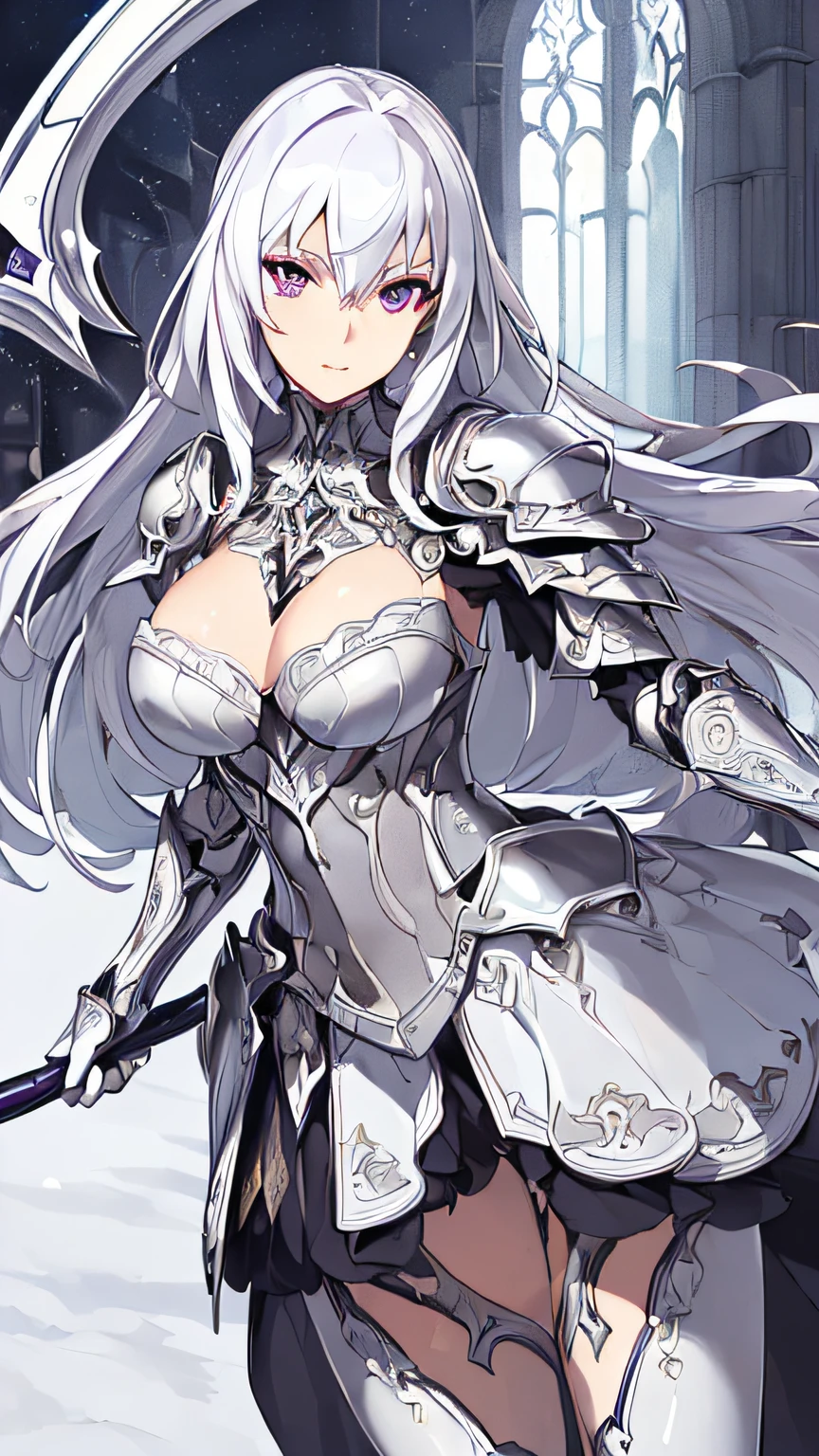 (((masterpiece))),(((bestquality))),((ultra-detailed)),(illustration),((anextremelydelicateandbeautiful)),dynamicangle,(beautifuldetailedeyes),(detailedlight) (1girl),solo,white hair,purple eyes,scythe,knight armor