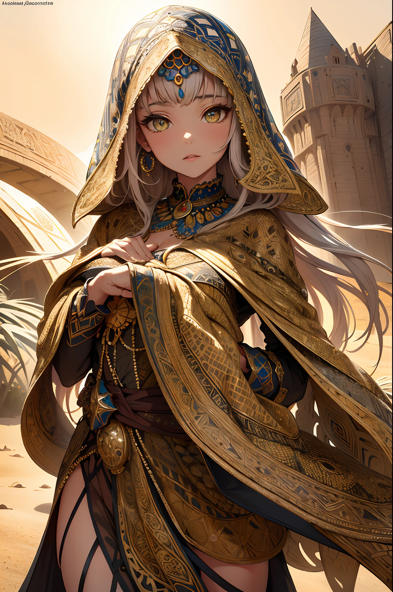 absurderes, A high resolution, Ultra detailed, (Ultra-detailed background, Detailed background), extremely detaile, 1girll, North African Islam, (zentangle:1.2), (Islamic Africa:1.2), Fractal art, Colorful, dune style, in the desert, Floating sand, Mante, Coat, Platinum Kong combines shiny hair, Large yellow crystal eyes, Seductive face,