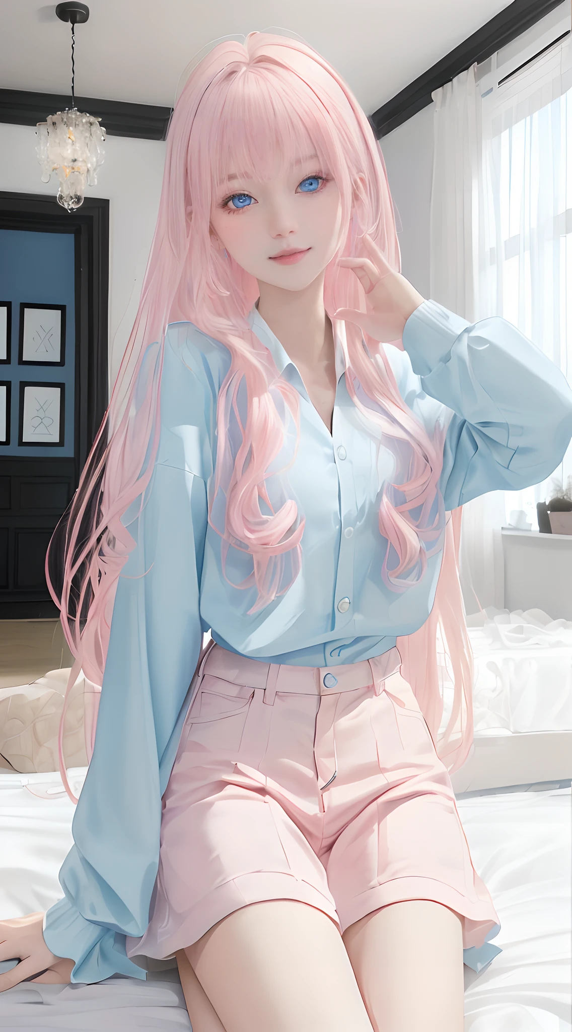 (masterpiece、top-quality)、1 beutiful girl、A smile、Slim body、(Black and white plain clothes:1.1)、(Detailed beautiful eyes)、Bedroom、in a house、((Pink longhair))、a small face、tall、((Light blue eyes))、kawaii pose