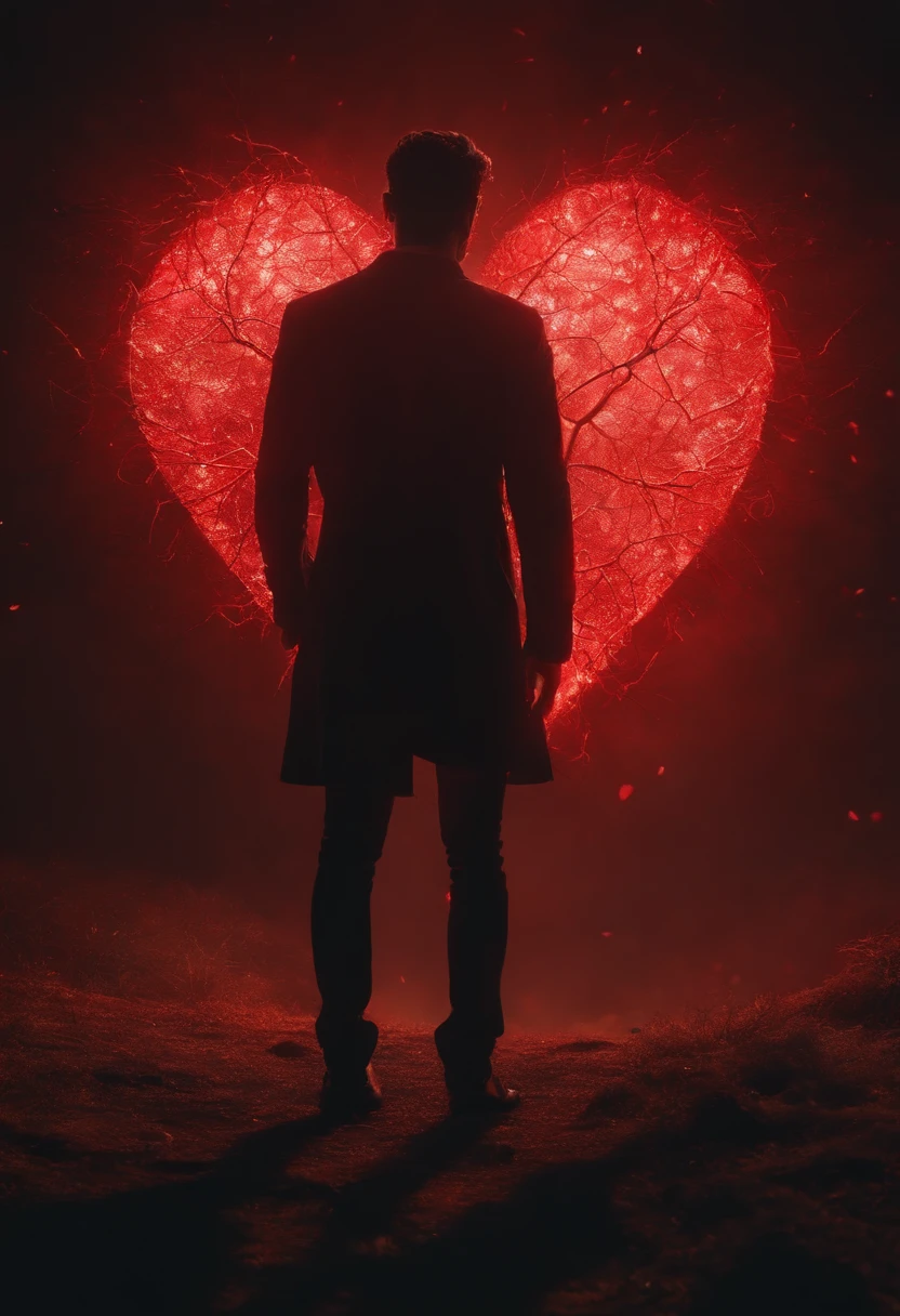 Mystical man on his back looking at a red broken heart, ao fundo e no meio de correntes douradas no fundo, 8K cinematic lighting