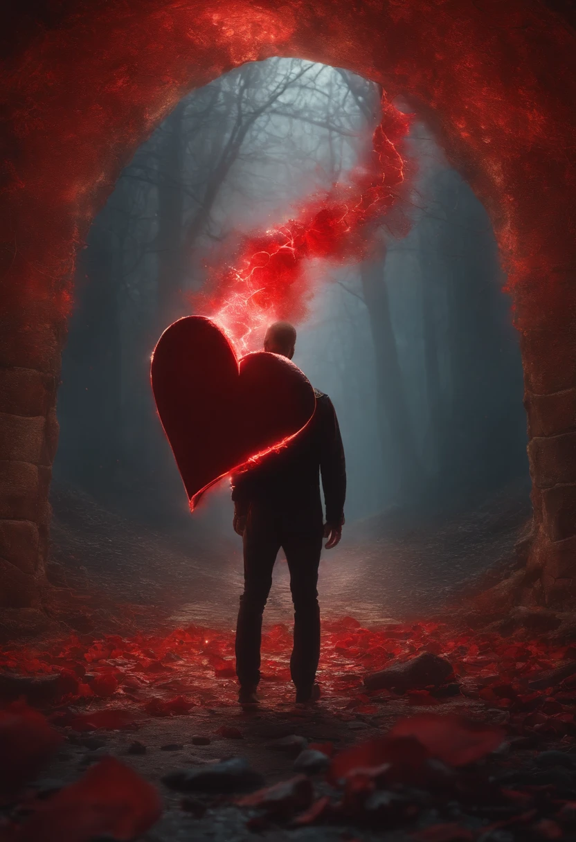 Mystical man on his back looking at a red broken heart, ao fundo e no meio de correntes douradas no fundo, 8K cinematic lighting