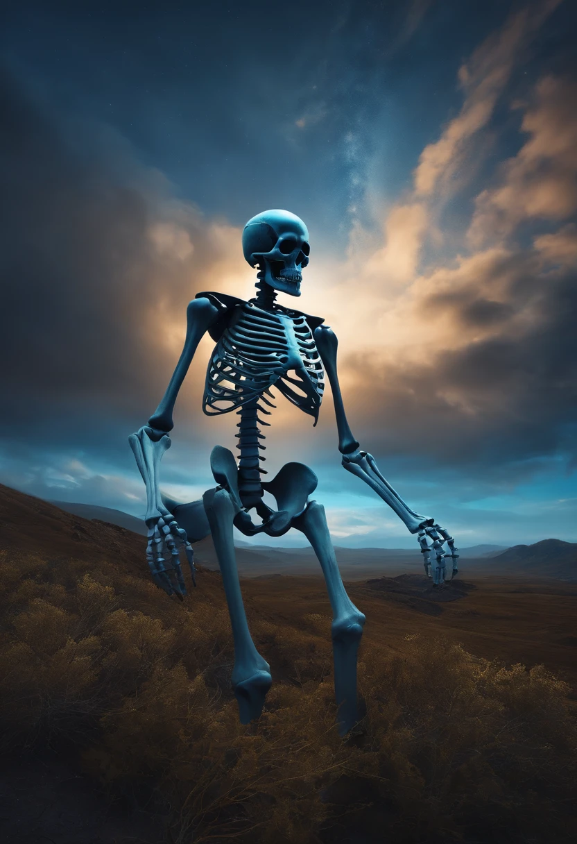 giant skeletom with blue power destroying the planet