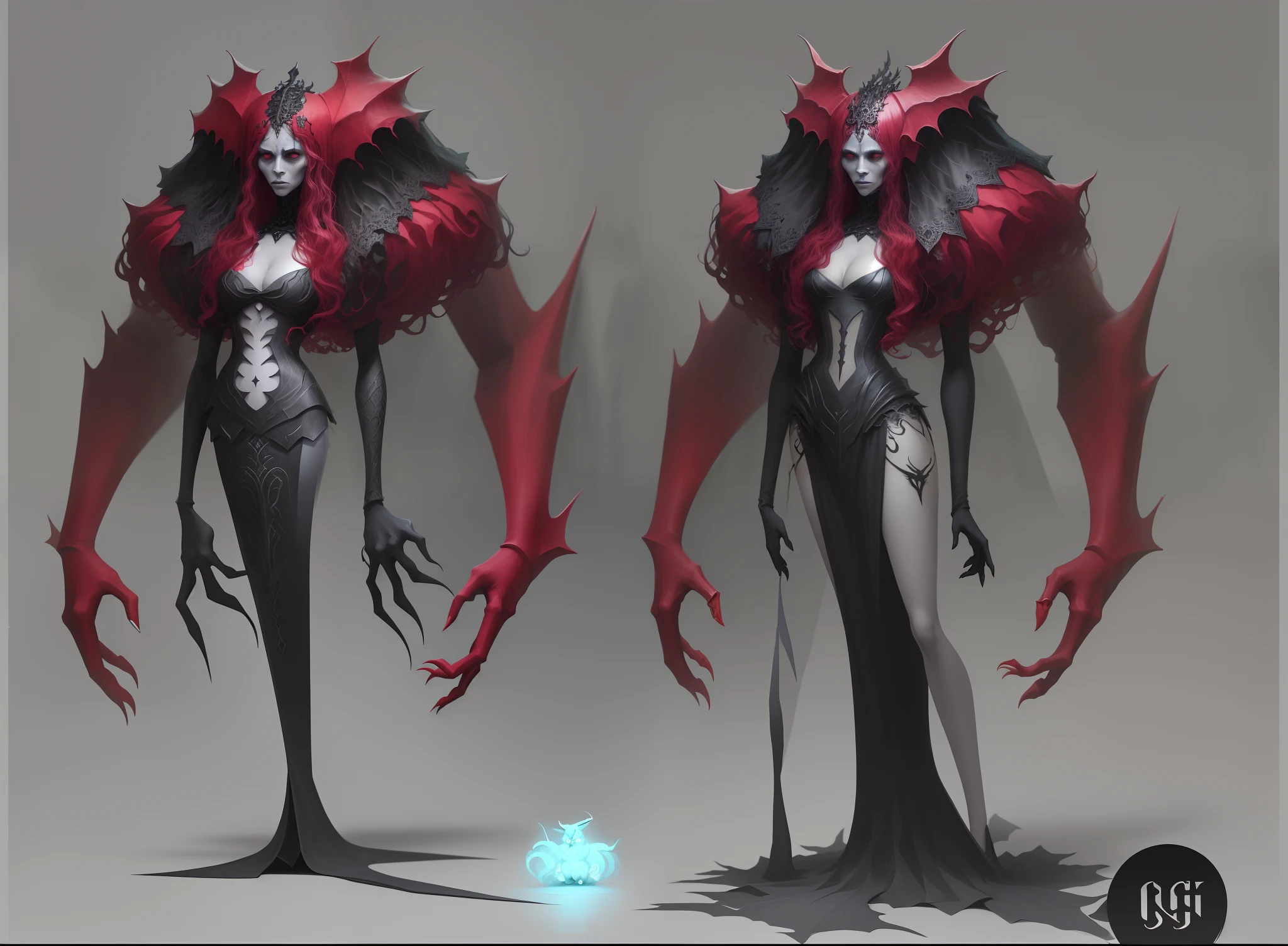 um desenho de uma mulher em um vestido vermelho ao lado de um monstro gigante, arte conceitual demon soul, arte do personagem da criatura conceitual, arte conceitual monstro, personagem posando para arte conceitual, Bloody + arte conceitual, personagem de arte conceitual, concept art design illustration, design de criaturas, conceito artstation, arte conceitual da criatura, demon noble character design, design de personagem monstro, personagem bruxa escura