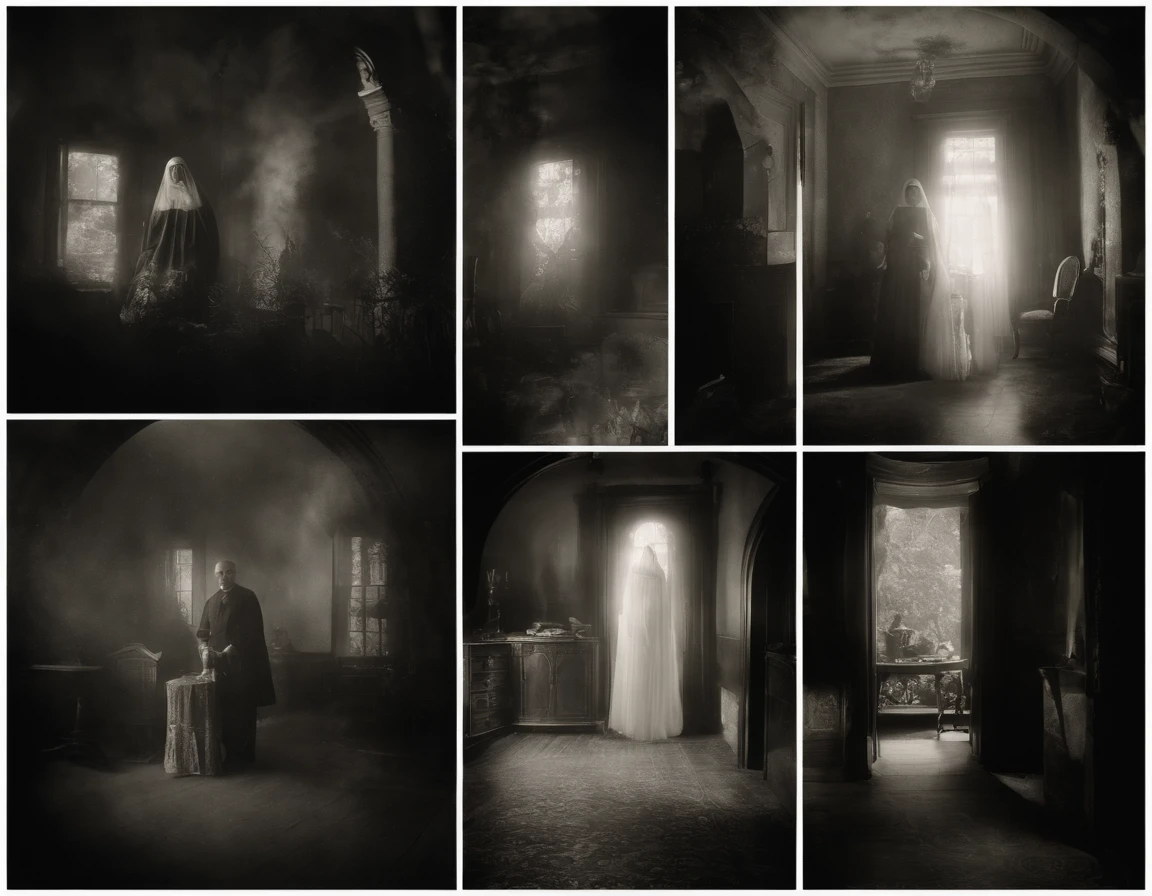 Full body, Scary ghosts, Locals々and take a photo, Capture in black and white, Photos from the 1900s, Detailed, Gelatin silver print, Add noise, Old Photo Effects