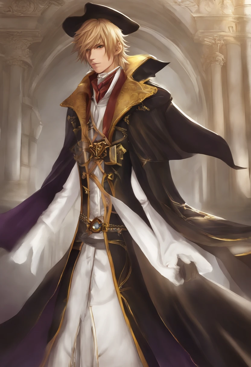 "Draw a character with an overcoat similar to that of the Kingdom Hearts XIII Organization. Ele tem cabelos longos e loiros, olhos azuis e possui um ar misterioso. A arte deve ser no estilo de Tetsuya Nomura Kingdom hearts, with attention to detail of the special and the character , sem erros de anatomia. Make sure the image is colorful and conveys the enigmatic aura of the character."
