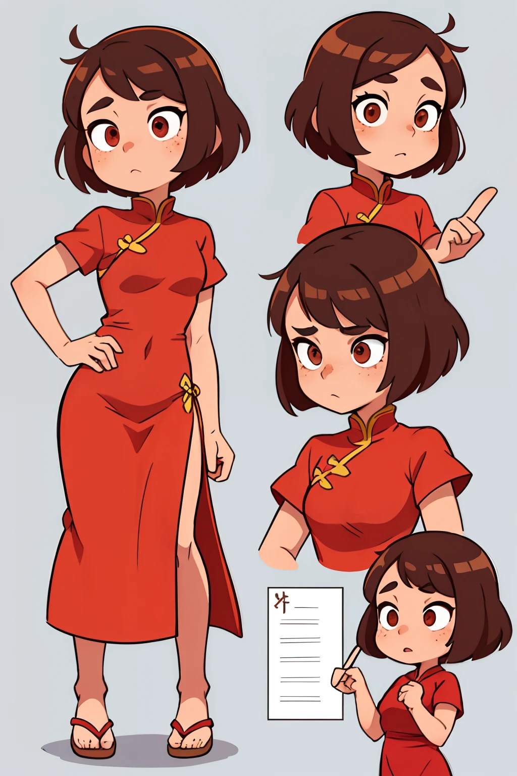 A  girl, with brown short hair, in Chinese dress, The eyes are brown, freckles on her face, standing pose, character sheet, different angles