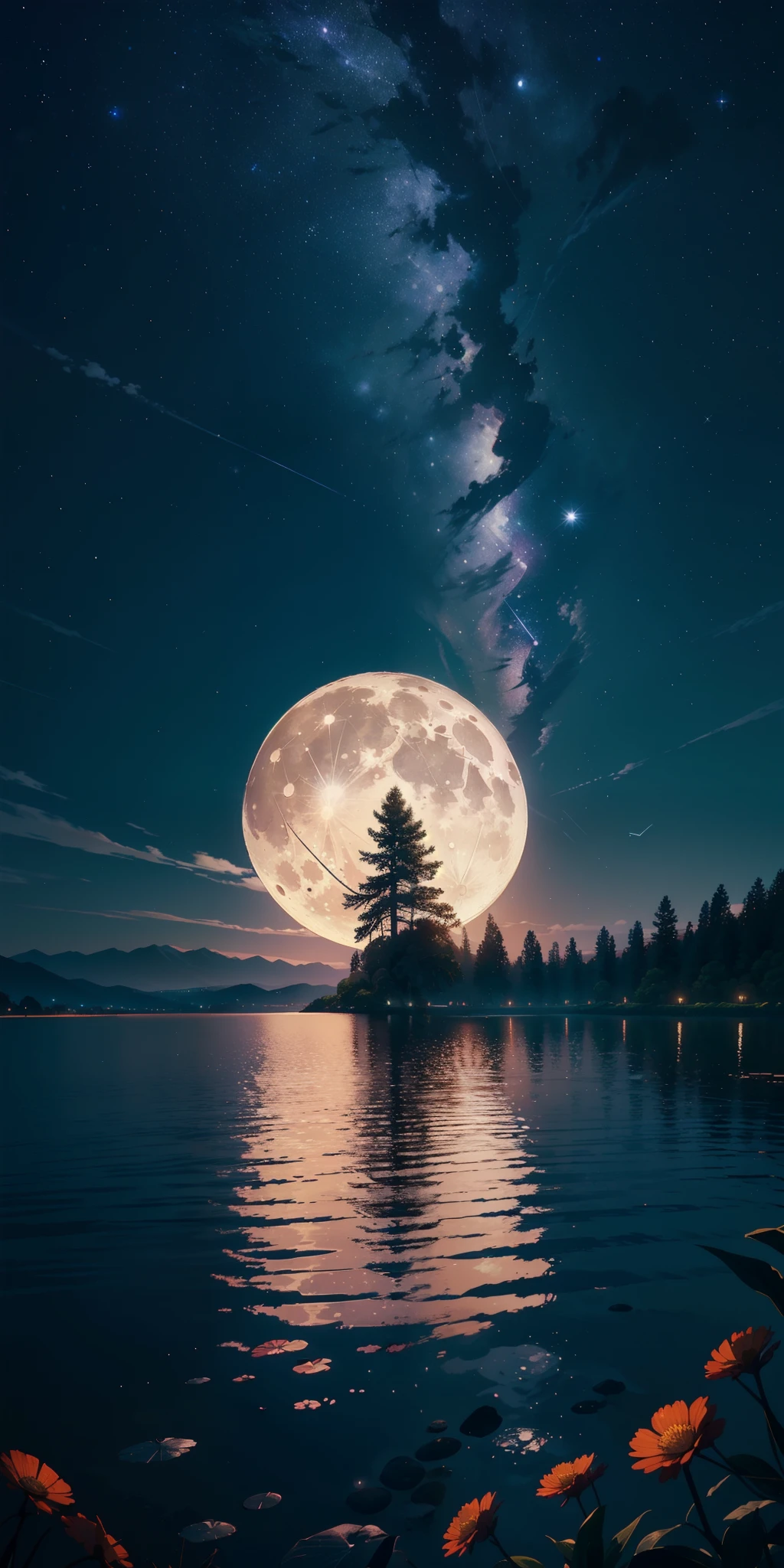 master part, gorgeous, Landscape, (((DDIM_HumaDDIMs))), Noite, flor, Jardim, Starry sky, constellations,((Full Moon)) , atordoante, vista, water, quente, aconchegante, peaceful, Meteoro, cosmico, Magic, magia, particuls, Justo, ((Pirilampos))