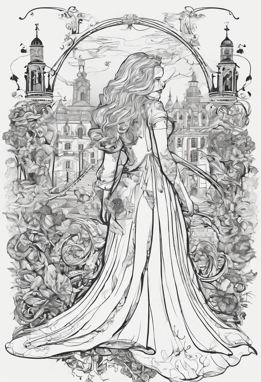 Femme debout,(dress in a gothic dress),(cheveux blond, raid, Ray on the left side)entrain de livre un livre, background (bras de monstres et de zombies)(arms trying to catch the woman), detailed illustration, precis, technique, couleur: noir et blanc