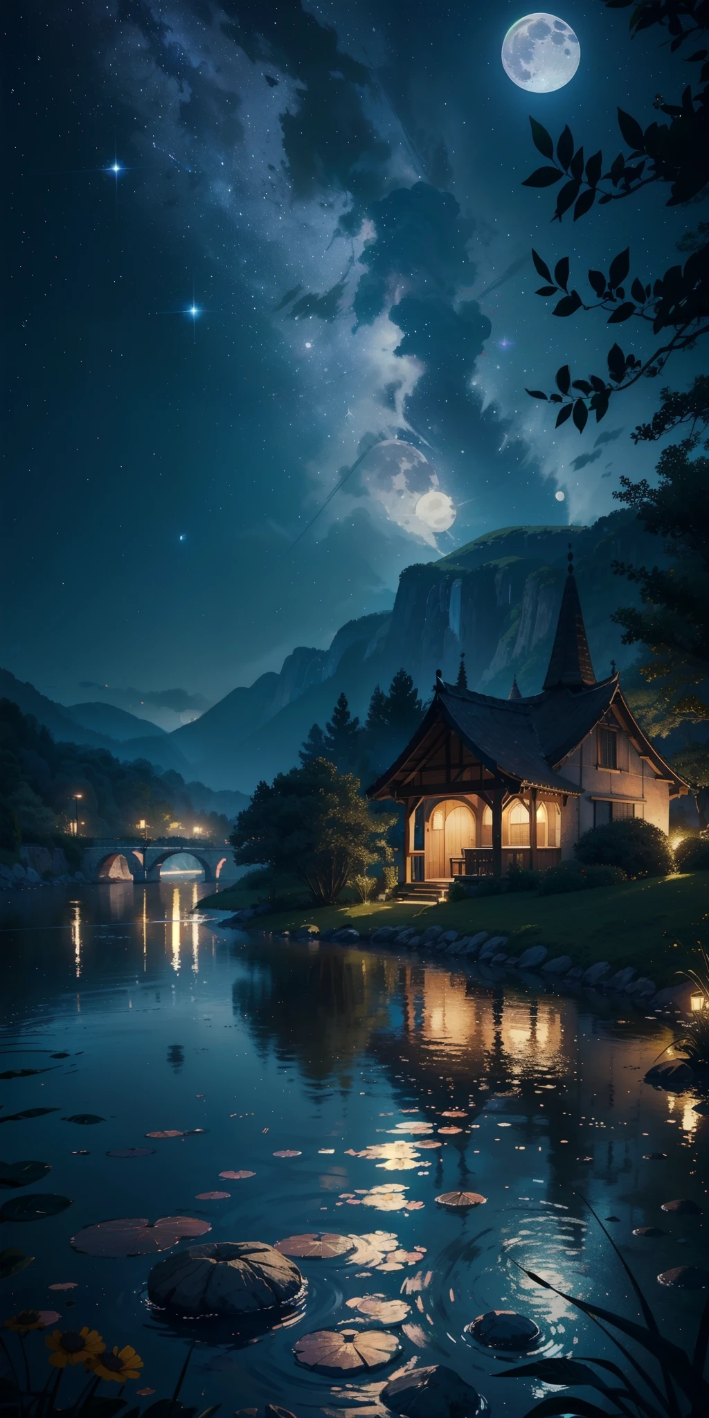 master part, gorgeous, Landscape, (((DDIM_HumaDDIMs))), Noite, flor, Jardim, Starry sky, constellations,((Full Moon)) , atordoante, vista, water, quente, aconchegante, peaceful, Meteoro, cosmico, Magic, magia, particuls, Justo, ((Pirilampos))
