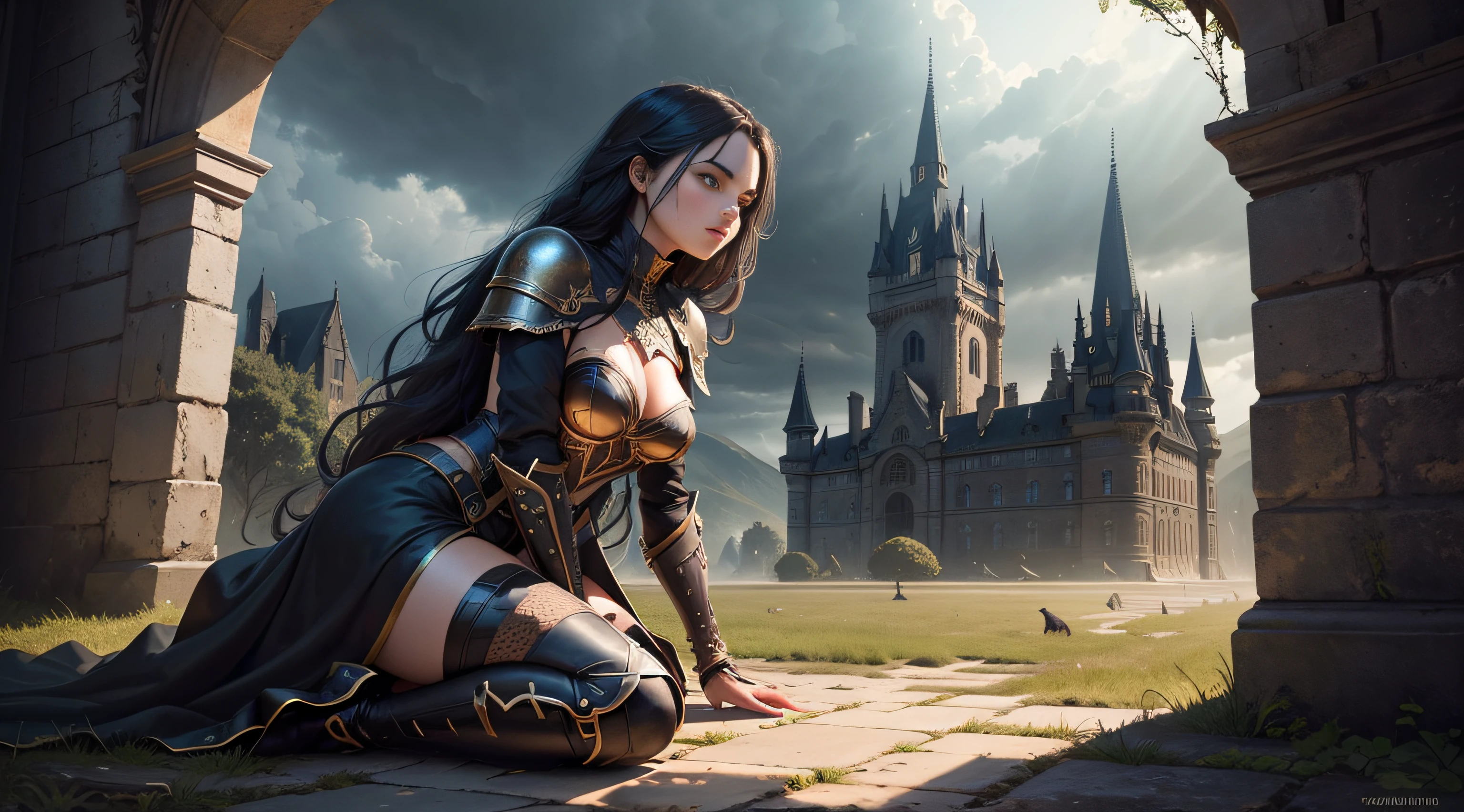 (best quality,ultra-detailed),Cavaleira woman,black armor with golden details on shoulders and torso,beautiful detailed face,detailed eyes,gazing at the horizon,abandoned castle,moody atmosphere,dark clouds,storm brewing,crumbling walls,overgrown with vines,massive wooden doors,light peeking through the cracks,fallen leaves on the ground,swirling mist,ominous shadows,crows perched on the castle walls,hauntingly beautiful scenery,solemn and mysterious ambiance,deep color palette with shades of black and gold,ethereal light illuminating the scene,dramatic lighting casting long shadows on the ground.