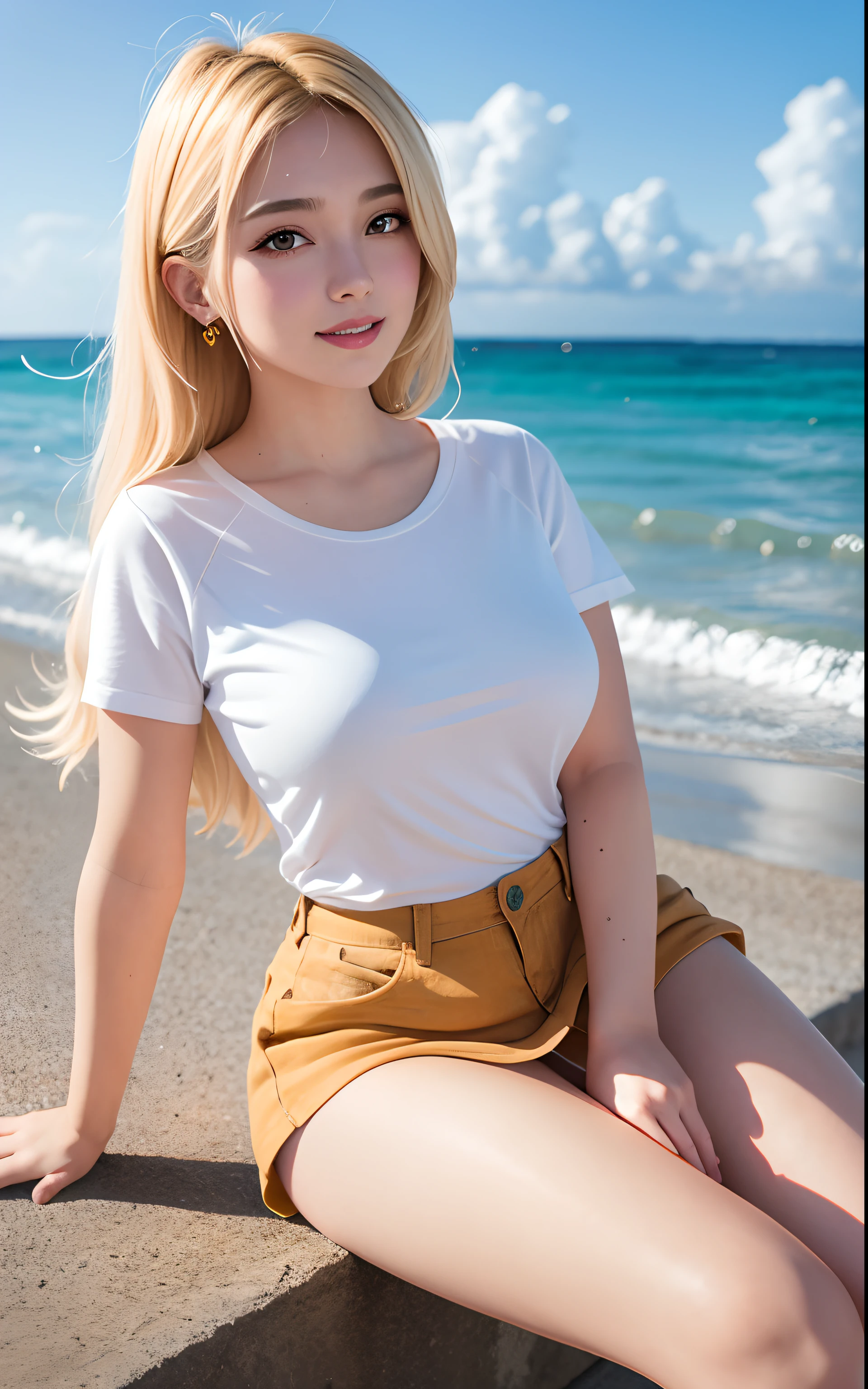 1girl ,beautiful european young woman, bright eyes high detailed eyes makeup, best quality, masterpiece, original, highres, 8k wallpaper, selfie of a beautiful young girl, POV, thick lines, extremely detailed beautiful face, grin, white T-shirt, thighs, big breast, wet shirt, mini skirt, looking at viewer, beach, sea, depth of field, bright sunshine, trending on Pixiv, detailed hair|floating blonde hair, ((vivid color)), victory pose