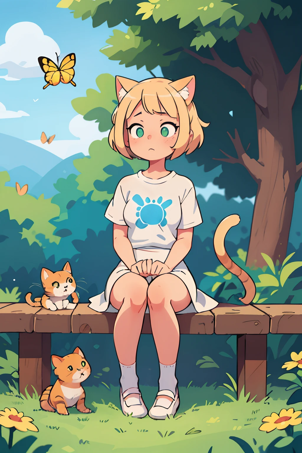 blonde woman, extremely short hair, A girl, Cat's ears, butterfly hairpin, Green eyes, pupils, asterisks, Long white t-shirt, white skirt, white stockings, blue shoes, cat's tail yellow,