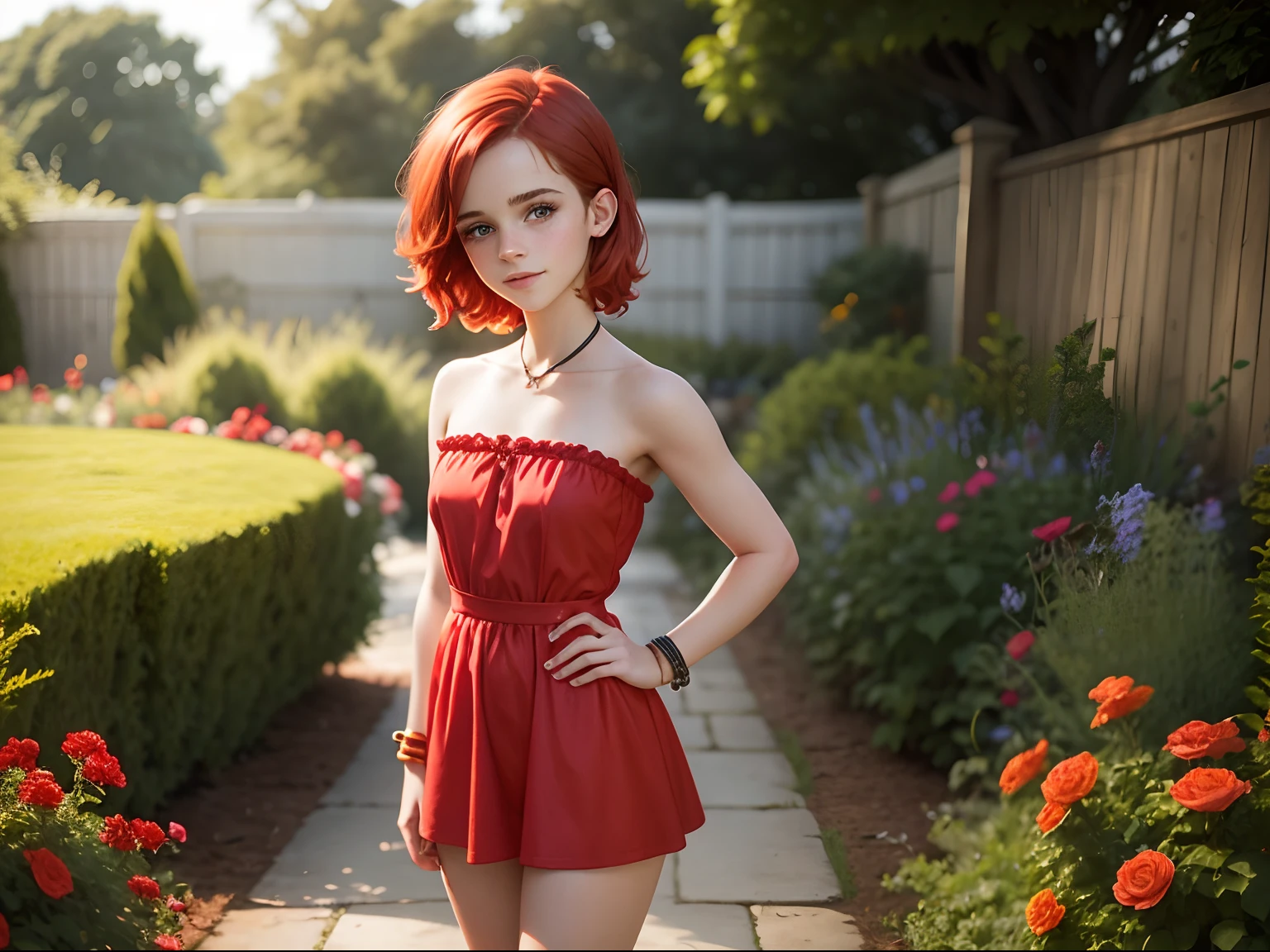 tween Emma Watson wearing a strapless red playsuit in the garden, small bust, small chest, cute smile, red hair accessories, red bracelet. red hair.
