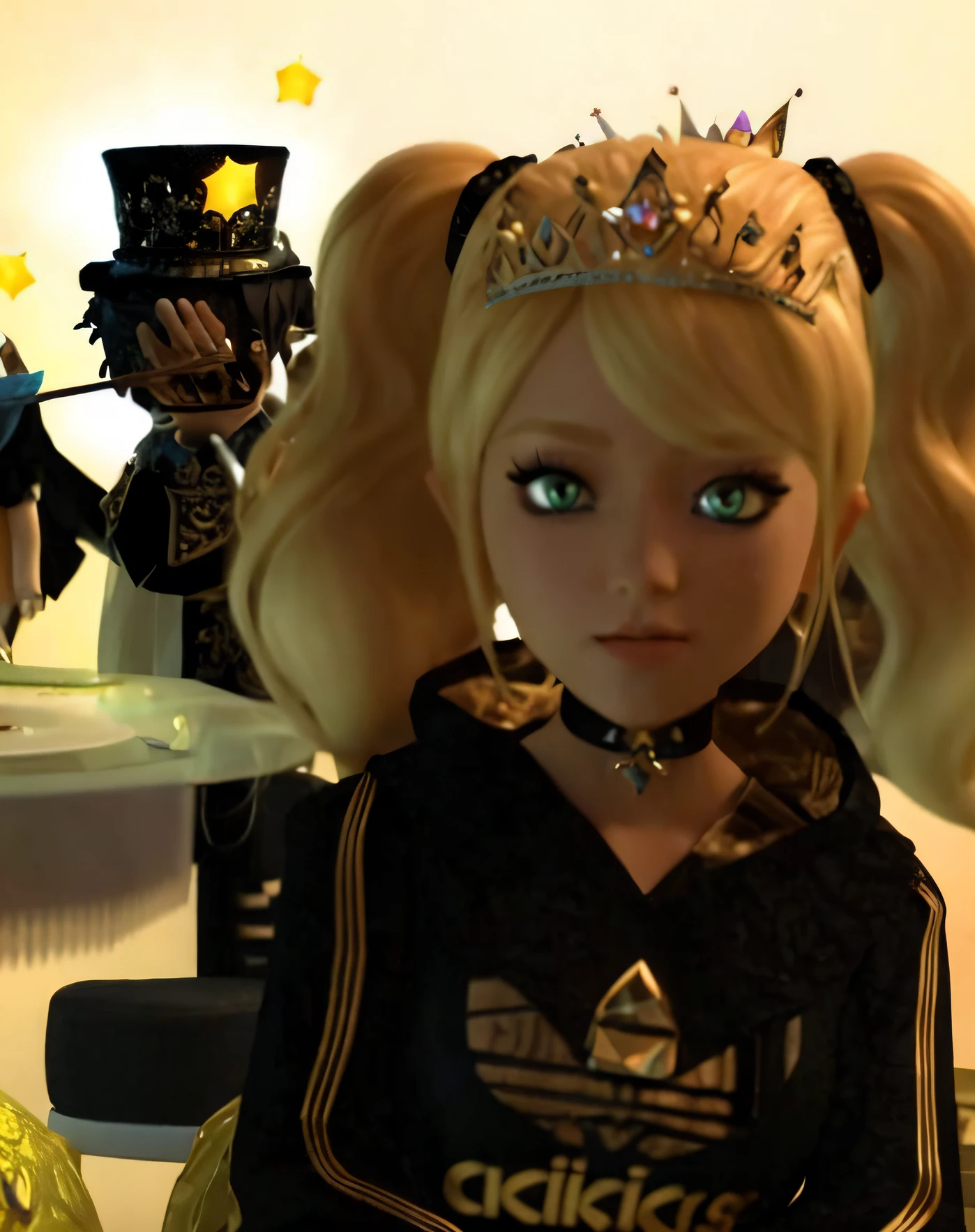 blond haired girl with a crown and a black shirt, princess in foreground, second life avatar, wearing crystal fractal tiara, alice attends mad tea party, avatar with a blond hair, blonde - haired princess, posing in leotard and tiara, imvu, character close up, (((mad))) elf princess, artificial intelligence princess, wearing tiara, posing as a queen