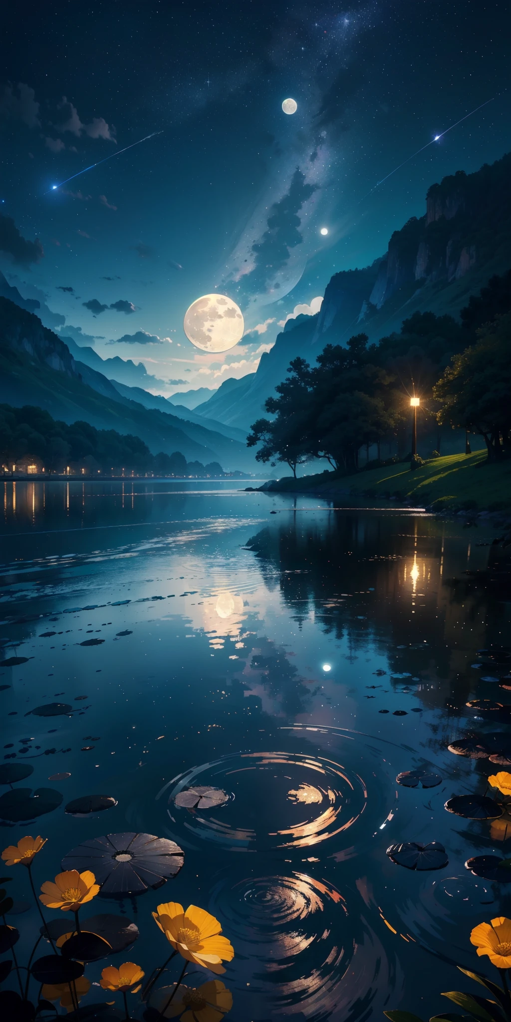 master part, gorgeous, Landscape, (((DDIM_HumaDDIMs))), Noite, flor, Jardim, Starry sky, constellations,((Full Moon)) , atordoante, vista, water, quente, aconchegante, peaceful, Meteoro, cosmico, Magic, magia, particuls, Justo, ((Pirilampos))