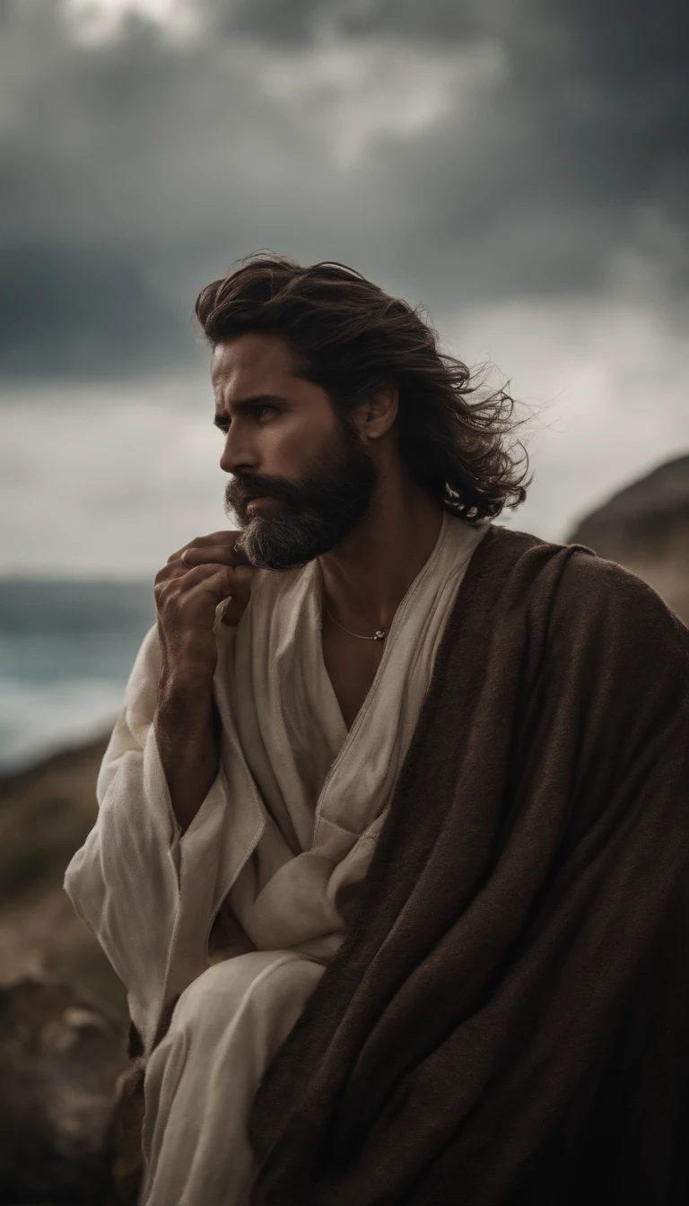 Imagem de Deus com barba e cabelos compridos e totalmente branco envolvido por nuvens e fundo azulado