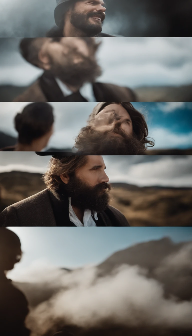 Imagem de Deus com barba e cabelos compridos e totalmente branco envolvido por nuvens e fundo azulado