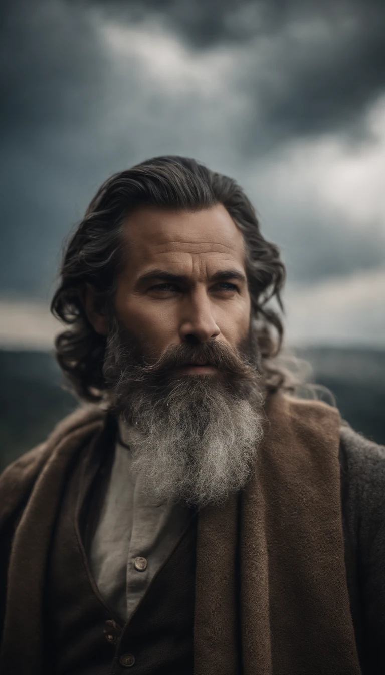 Imagem de Deus com barba e cabelos compridos e totalmente branco envolvido por nuvens e fundo azulado