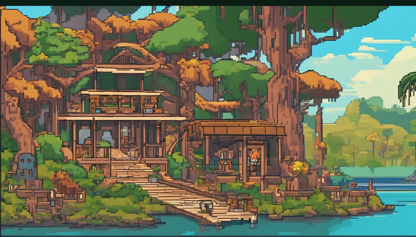 Pixel-art of a beautiful tavern in the middle of the tropical forest, a cloudy sky sunset seen in the background of the landscape, exotic birds flying in the sky and a sand bank on the beach next to the swampy lake full of bushes, mangrove trees and driftwood ::n_bad anatomy, mutation, mutilation, deformity, poorly drawn, extra arms, extra legs, missing arms, missing legs, mutated hands, mutated feet, fused fingers, extra fingers, long neck, disfigured features, gross proportions, asymmetrical, blurry, ugly, extra eye, missing eye, deformed skull, malformed limbs, mutated mouth, missing teeth, extra teeth, malformed teeth, gross, disgusting, deformed spine, distorted bones, missing bones, out of frame, low resolution, low quality, normal quality, jpeg artifacts, signature, watermark, username, text, error, missing components, extra components, cropped, worst quality, low-res, bad proportions