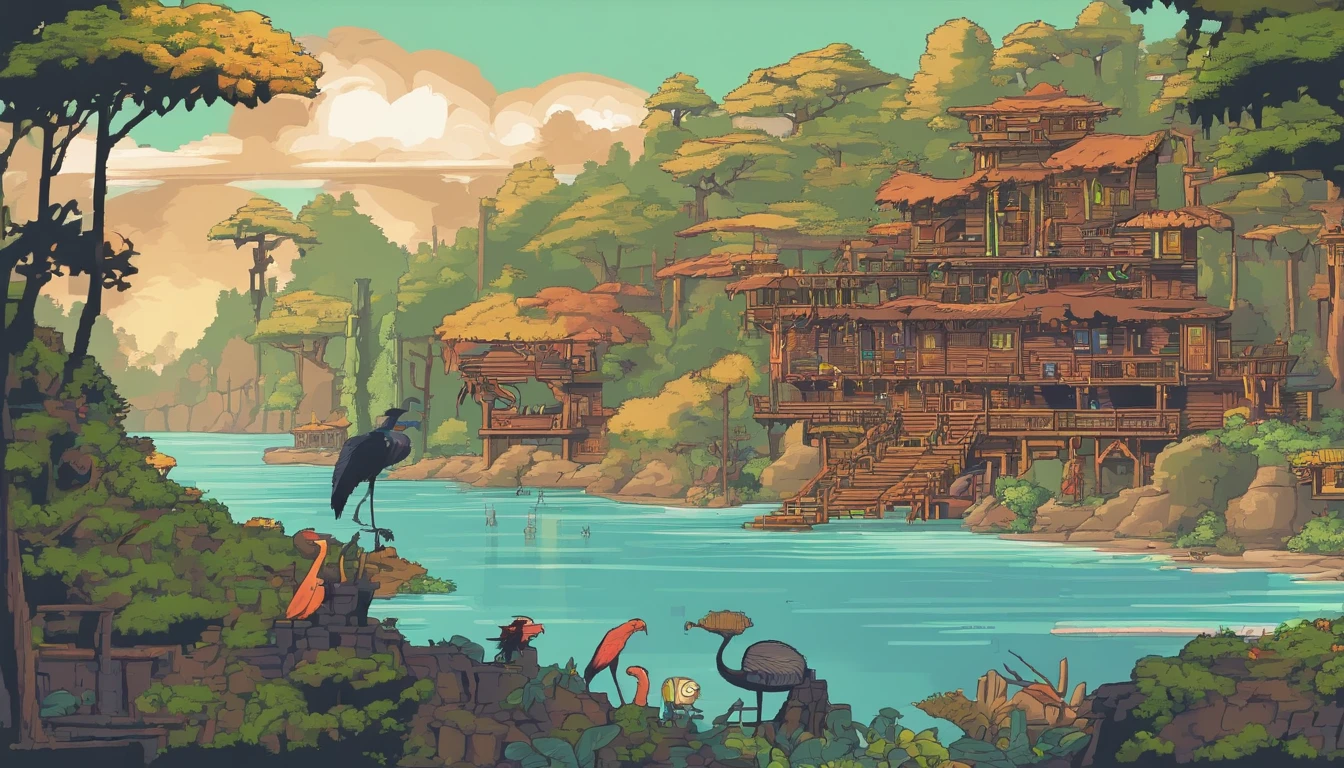 Pixel-art of a beautiful tavern in the middle of the tropical forest, a cloudy sky sunset seen in the background of the landscape, exotic birds flying in the sky and a sand bank on the beach next to the swampy lake full of bushes, mangrove trees and driftwood ::n_bad anatomy, mutation, mutilation, deformity, poorly drawn, extra arms, extra legs, missing arms, missing legs, mutated hands, mutated feet, fused fingers, extra fingers, long neck, disfigured features, gross proportions, asymmetrical, blurry, ugly, extra eye, missing eye, deformed skull, malformed limbs, mutated mouth, missing teeth, extra teeth, malformed teeth, gross, disgusting, deformed spine, distorted bones, missing bones, out of frame, low resolution, low quality, normal quality, jpeg artifacts, signature, watermark, username, text, error, missing components, extra components, cropped, worst quality, low-res, bad proportions