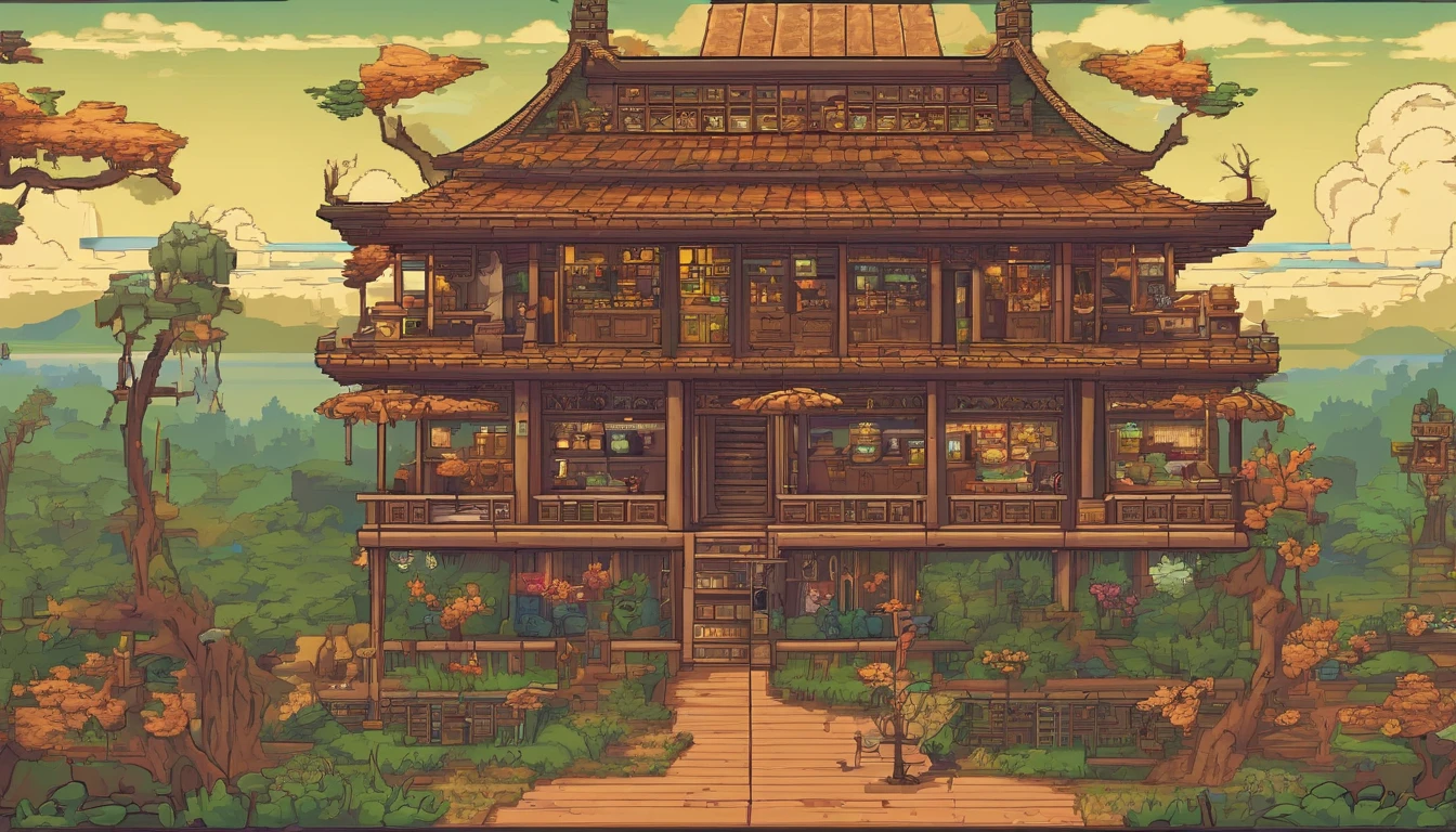 Pixel-art of a beautiful tavern in the middle of the tropical forest, a cloudy sky sunset seen in the background of the landscape, exotic birds flying in the sky and a sand bank on the beach next to the swampy lake full of bushes, mangrove trees and driftwood ::n_bad anatomy, mutation, mutilation, deformity, poorly drawn, extra arms, extra legs, missing arms, missing legs, mutated hands, mutated feet, fused fingers, extra fingers, long neck, disfigured features, gross proportions, asymmetrical, blurry, ugly, extra eye, missing eye, deformed skull, malformed limbs, mutated mouth, missing teeth, extra teeth, malformed teeth, gross, disgusting, deformed spine, distorted bones, missing bones, out of frame, low resolution, low quality, normal quality, jpeg artifacts, signature, watermark, username, text, error, missing components, extra components, cropped, worst quality, low-res, bad proportions