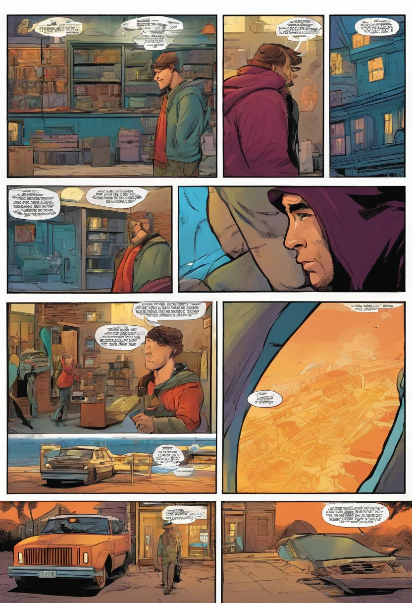 American comics, the comic story with an omnious atmosphere is presented in multiple irregular panels with color. A man in a hoodie is contemplating suicide. He wants to call someone. He goes to a therapist. The style is exaggerated and detailed